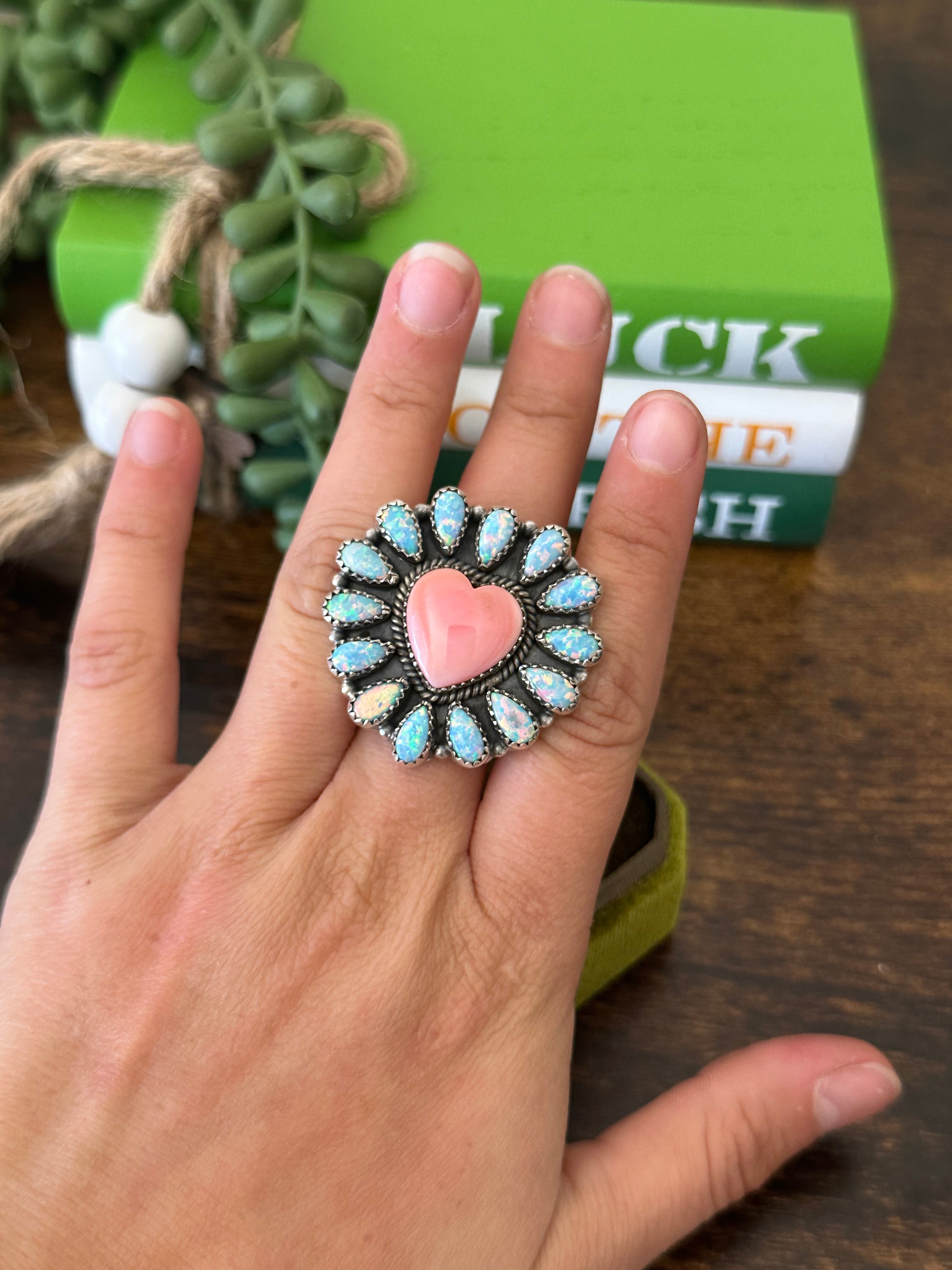 Southwest Handmade Multi Stone & Sterling Silver Adjustable Cluster Heart Ring