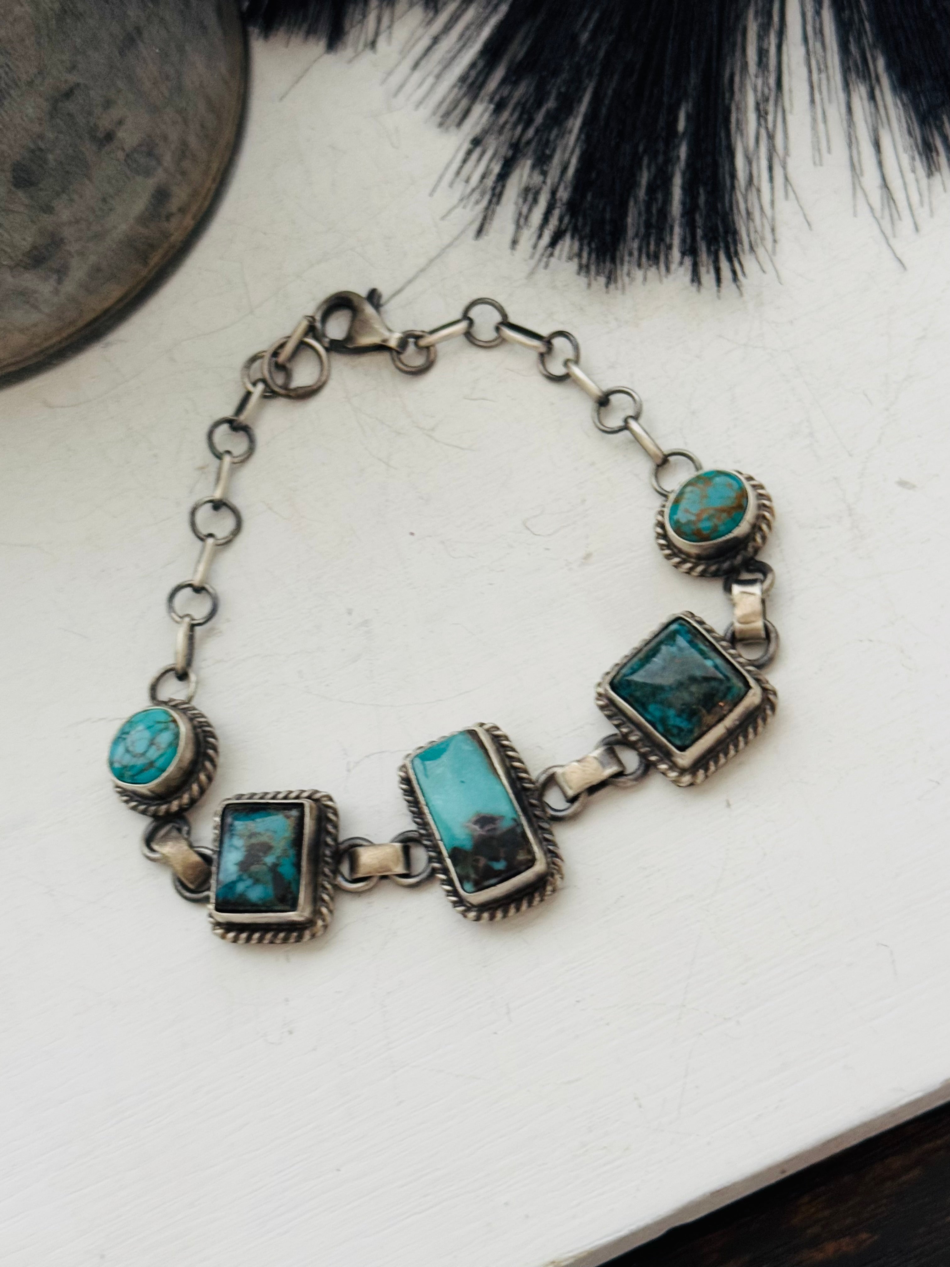 Navajo Made Thunder Mountain Turquoise & Sterling Silver Link Bracelet