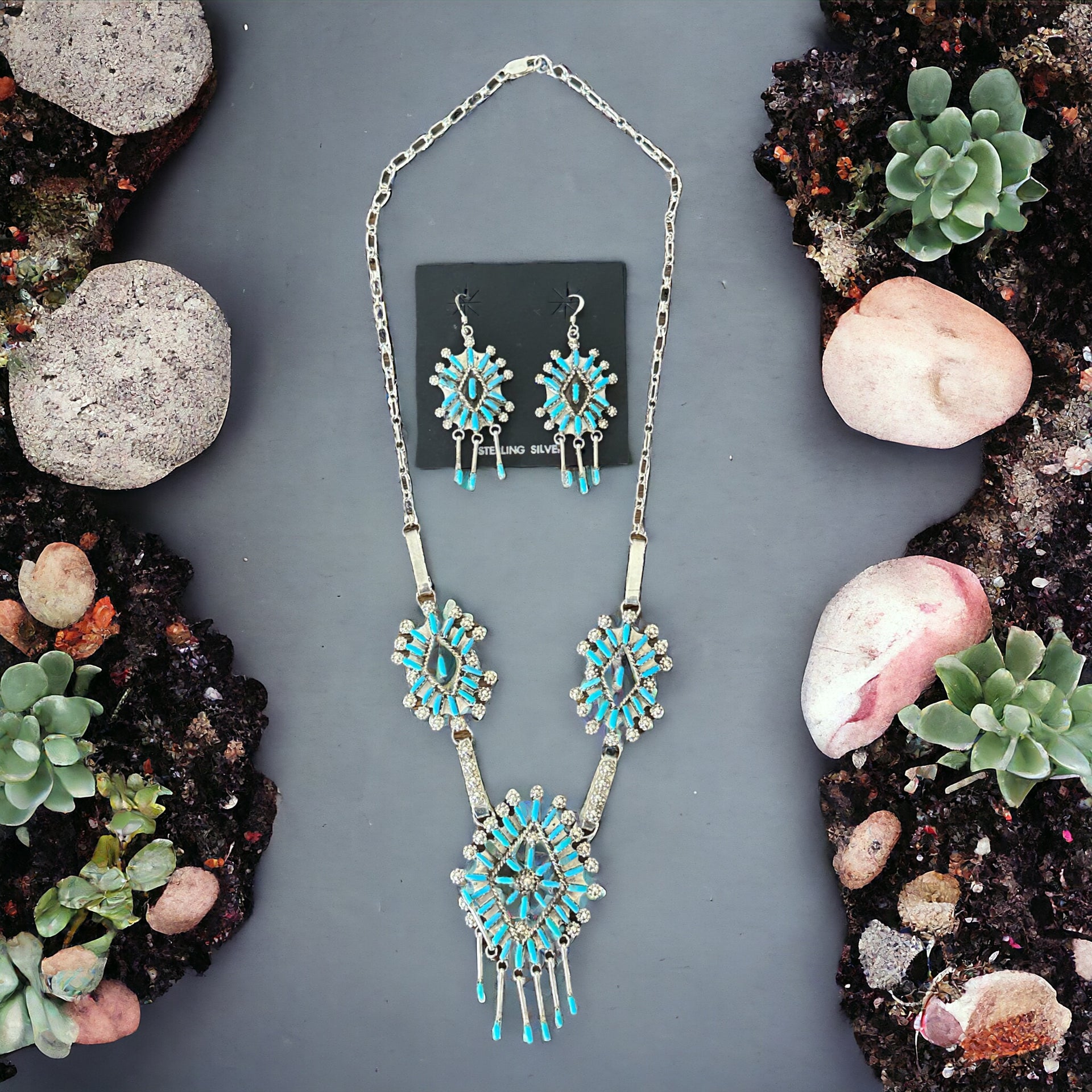 Zuni Made Turquoise & Sterling Silver Needlepoint Necklace Set