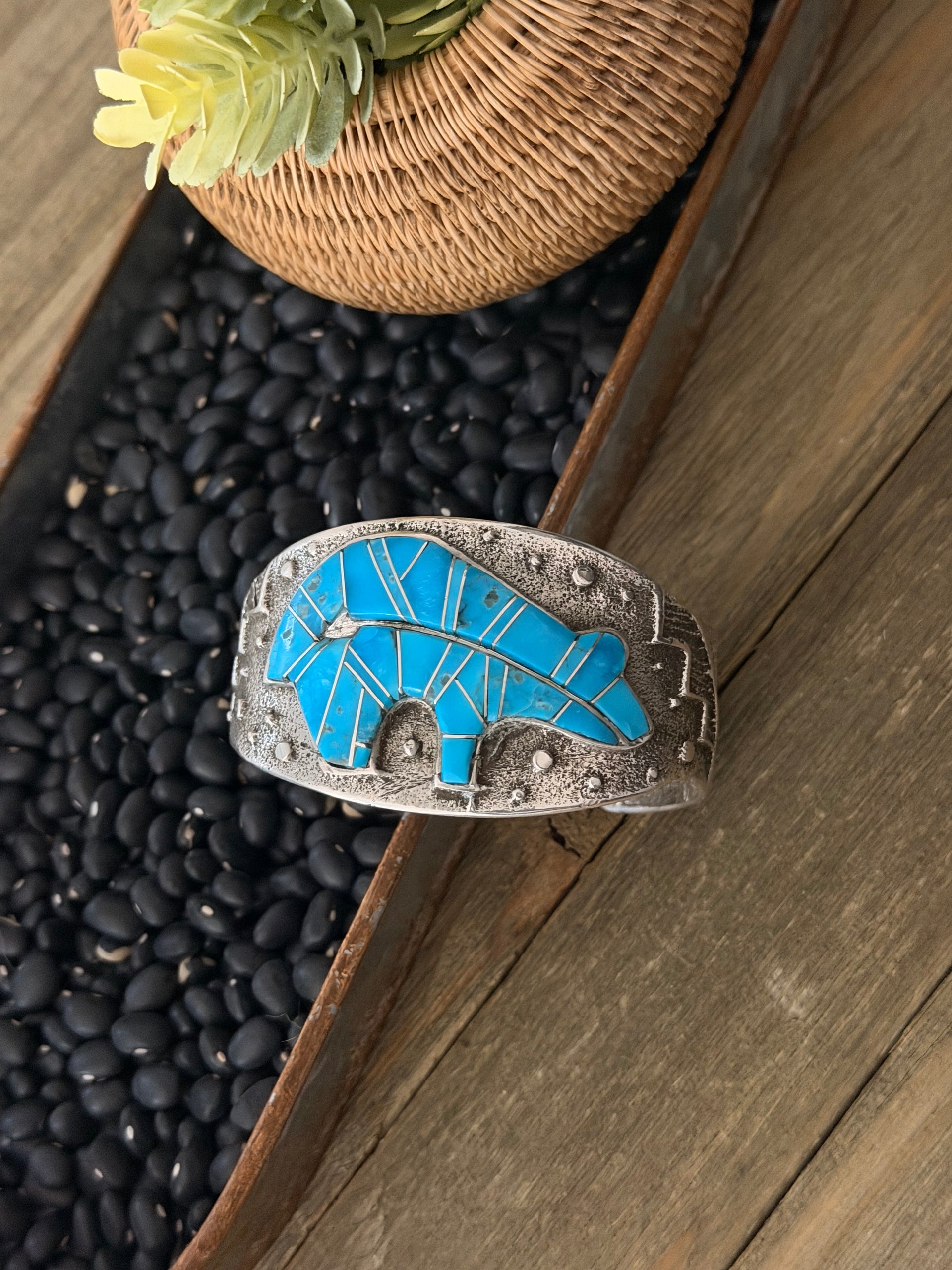 Merle House Kingman Turquoise & Sterling Silver Inlay Bear Cuff Bracelet