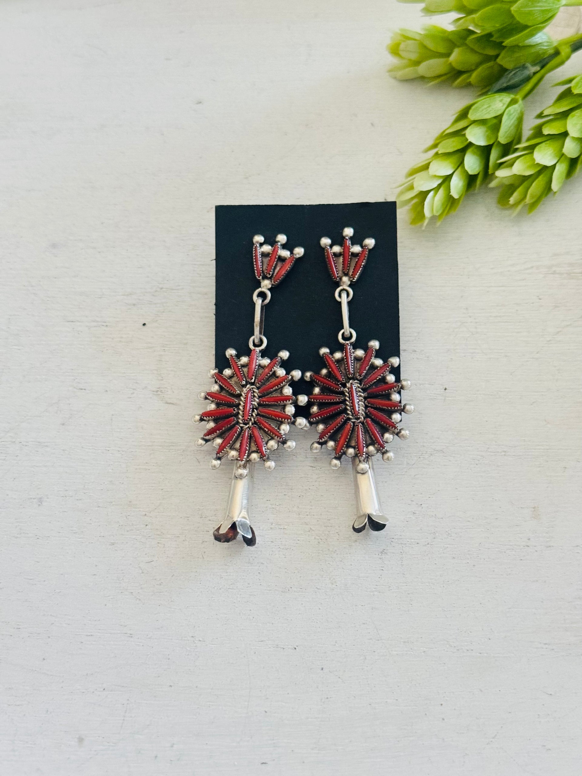 Lana Waatsa Red Coral & Sterling Silver Post Dangle Cluster Blossom Earrings