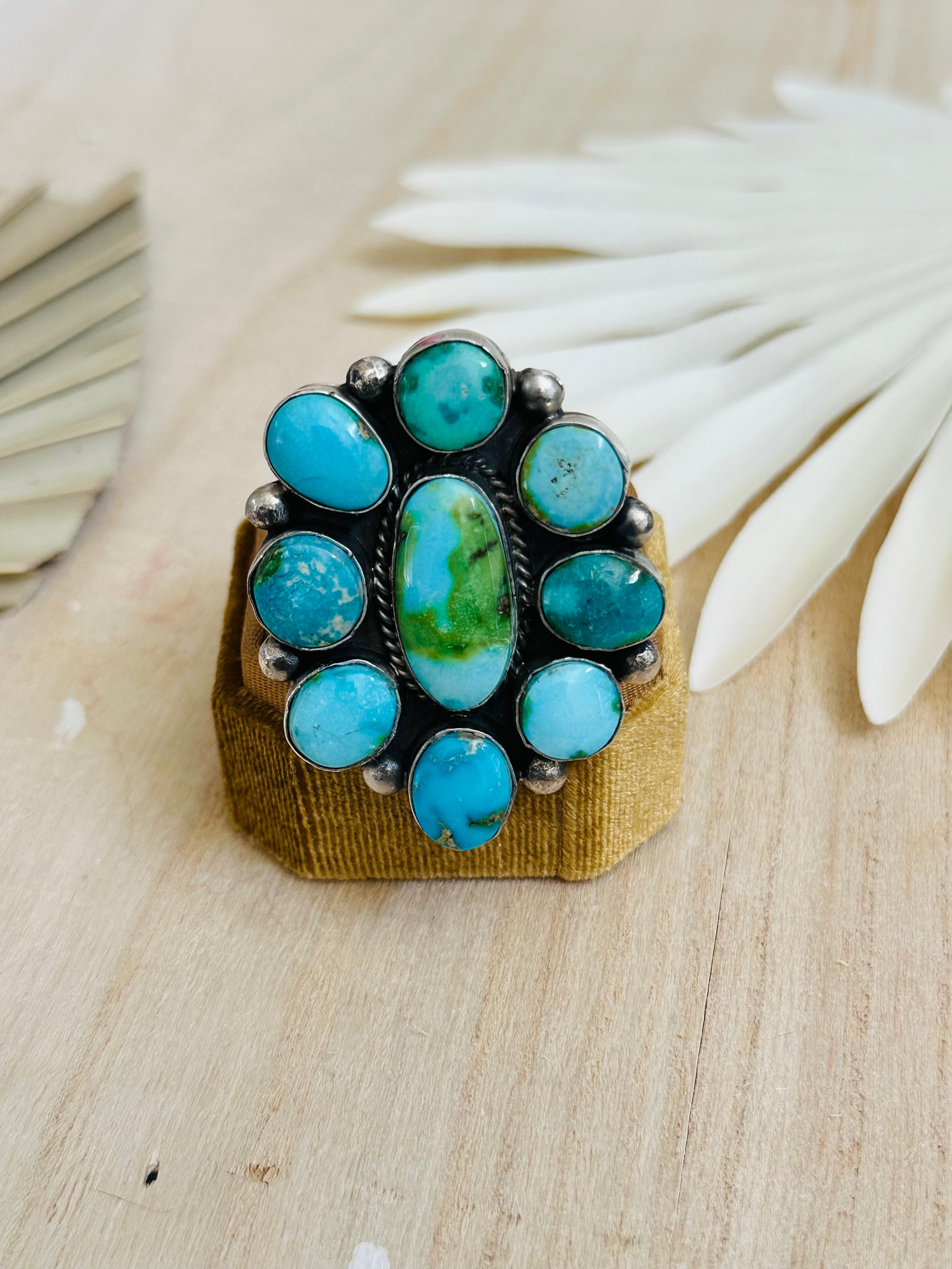 Navajo Handmade Sonoran Mountain Turquoise & Sterling Silver Cluster Adjustable Ring