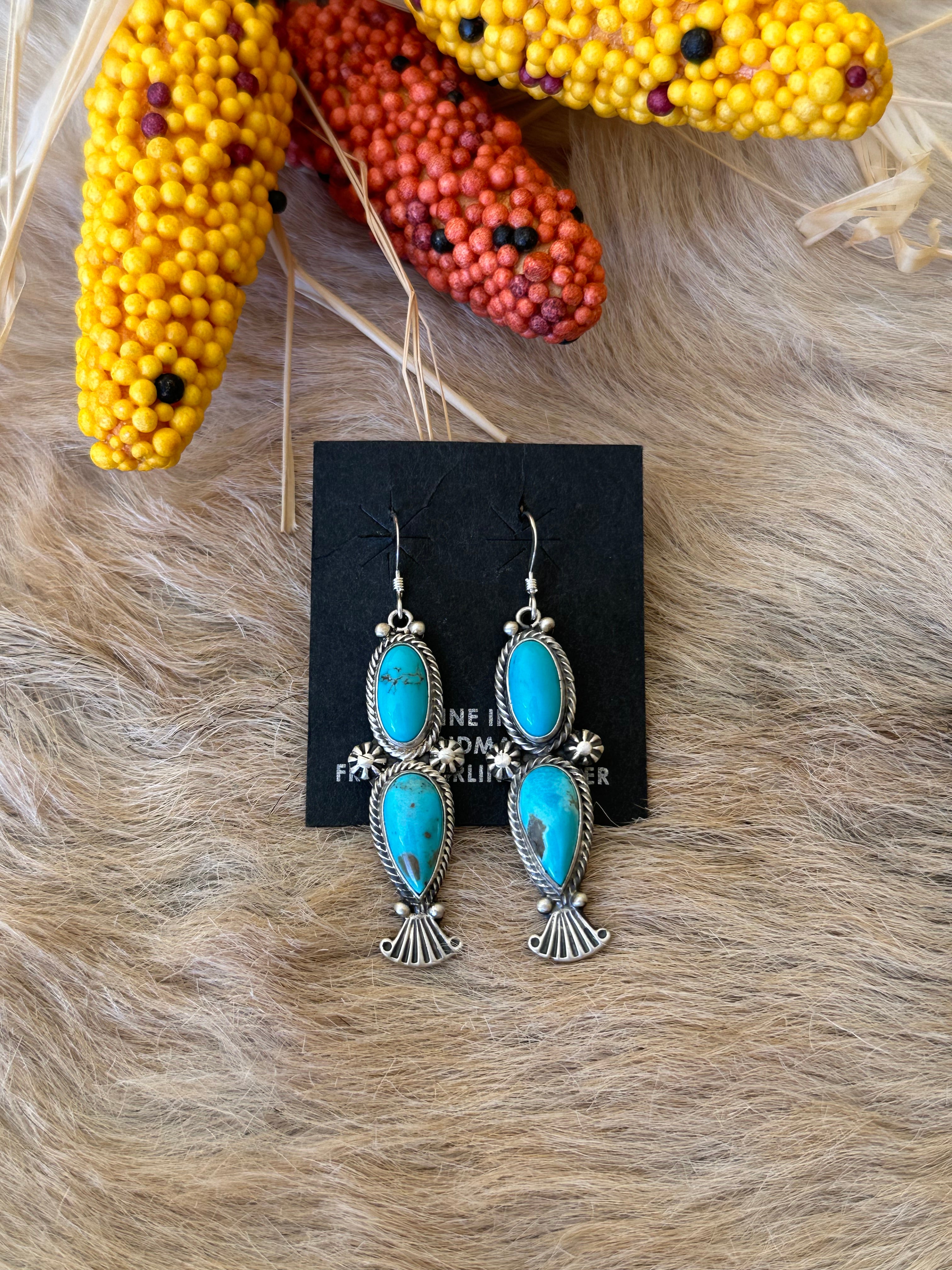 Navajo Made Kingman Turquoise & Sterling Silver Dangle Earrings