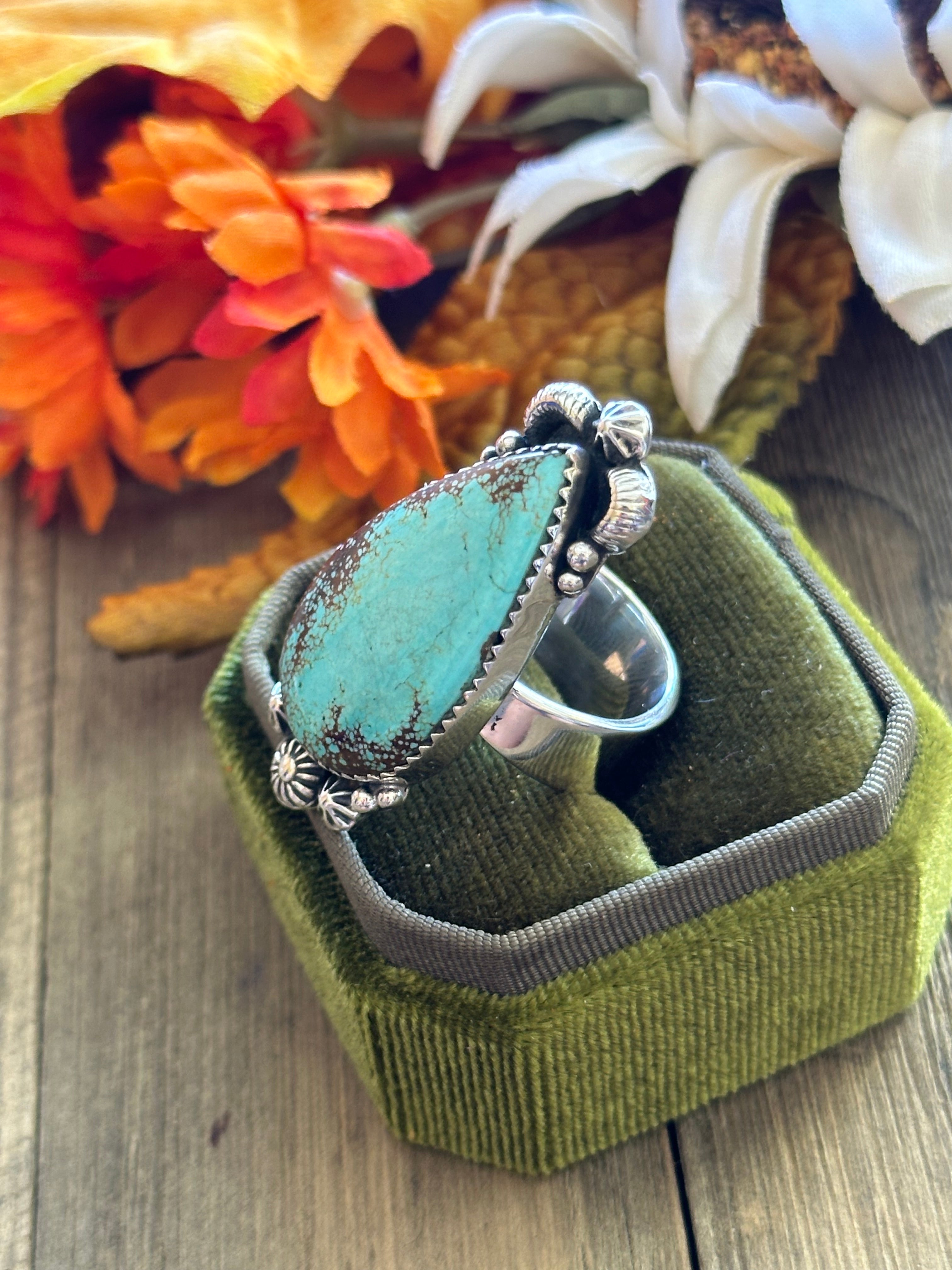 Southwest Handmade #8 Turquoise & Sterling Silver Adjustable Ring