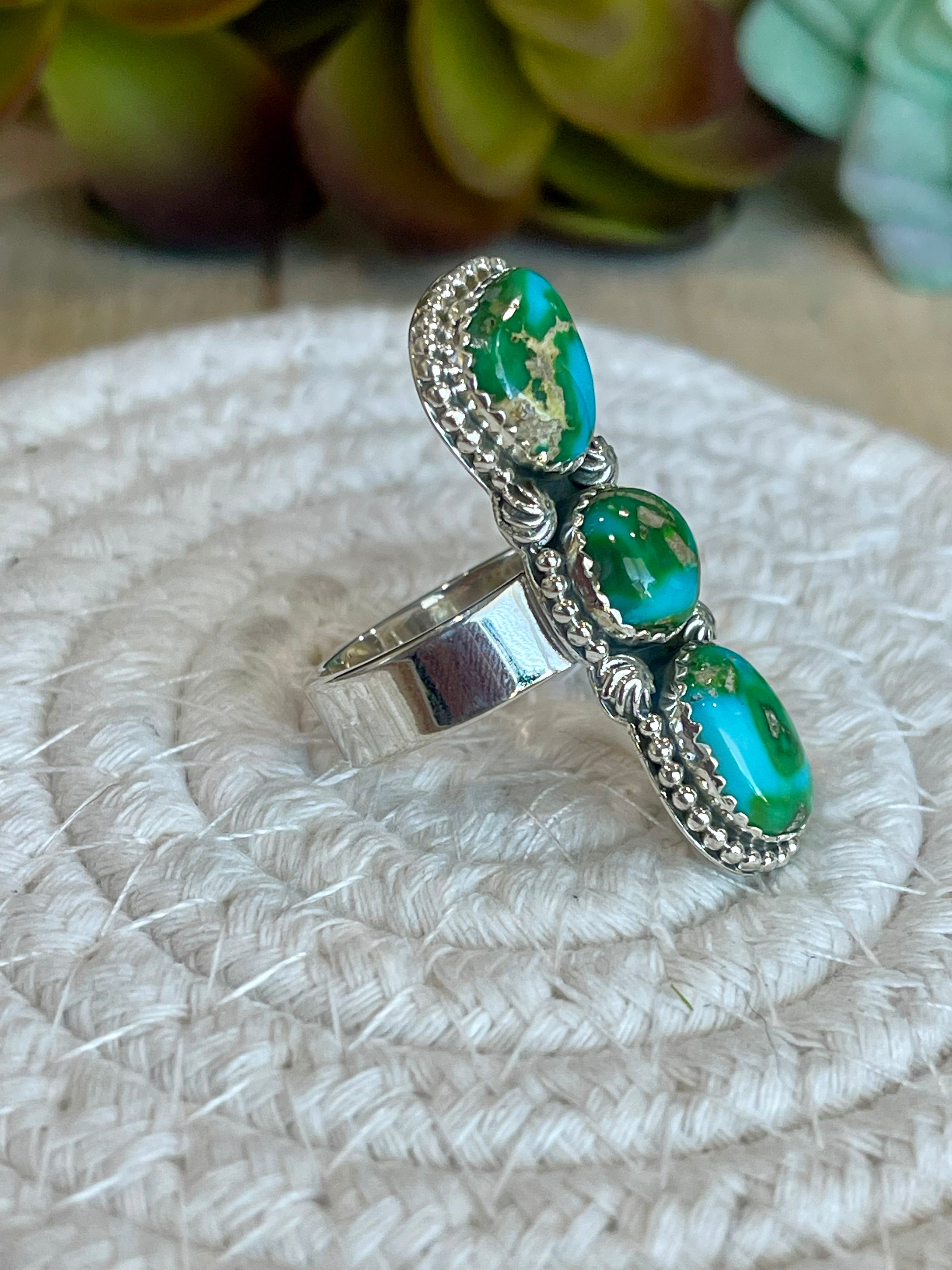 Southwest Handmade Sonoran Mountain Turquoise & Sterling Silver Adjustable 3 Srone Ring