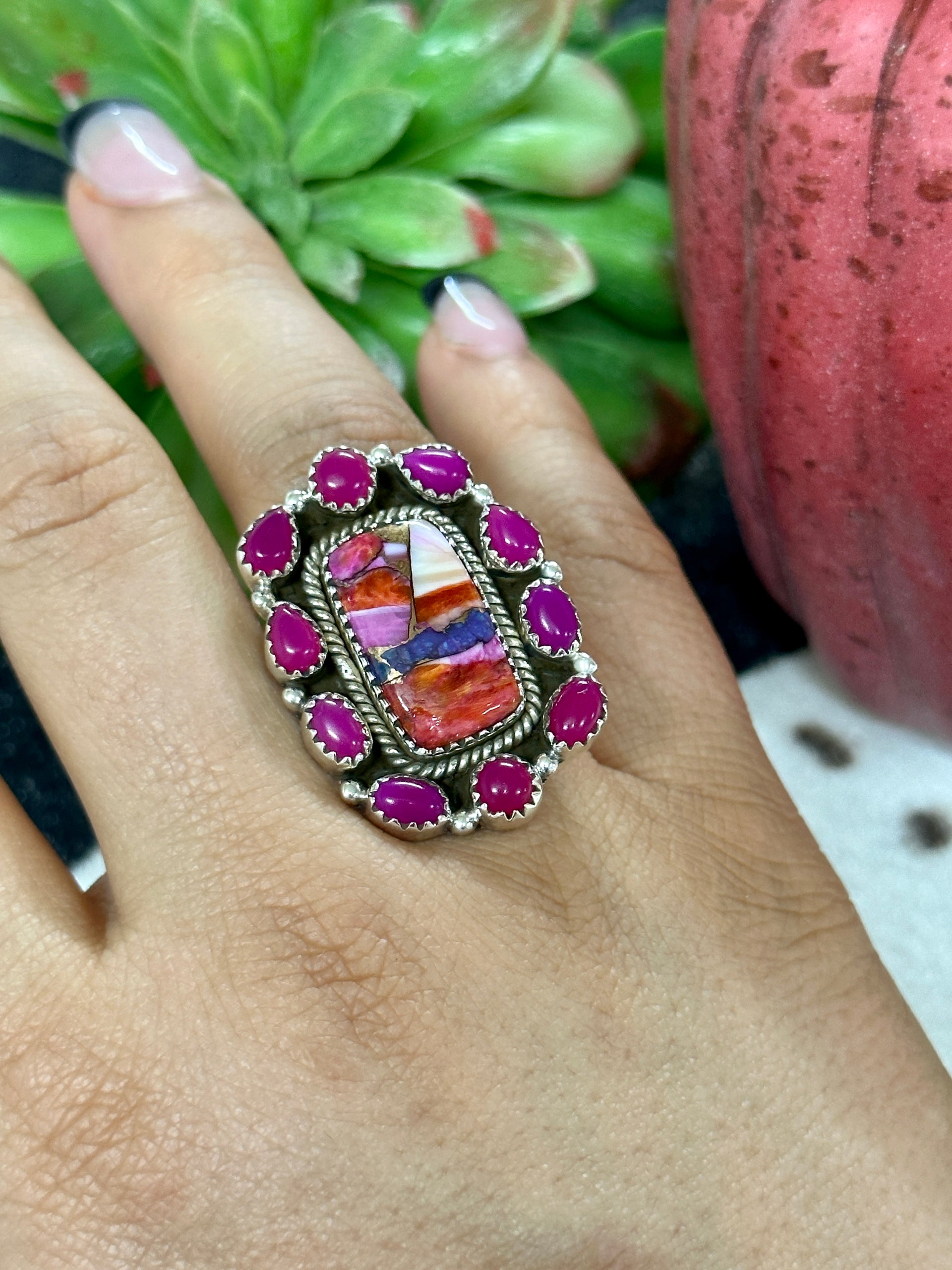 Southwest Handmade Multi Stone & Sterling Silver Cluster Adjustable Ring