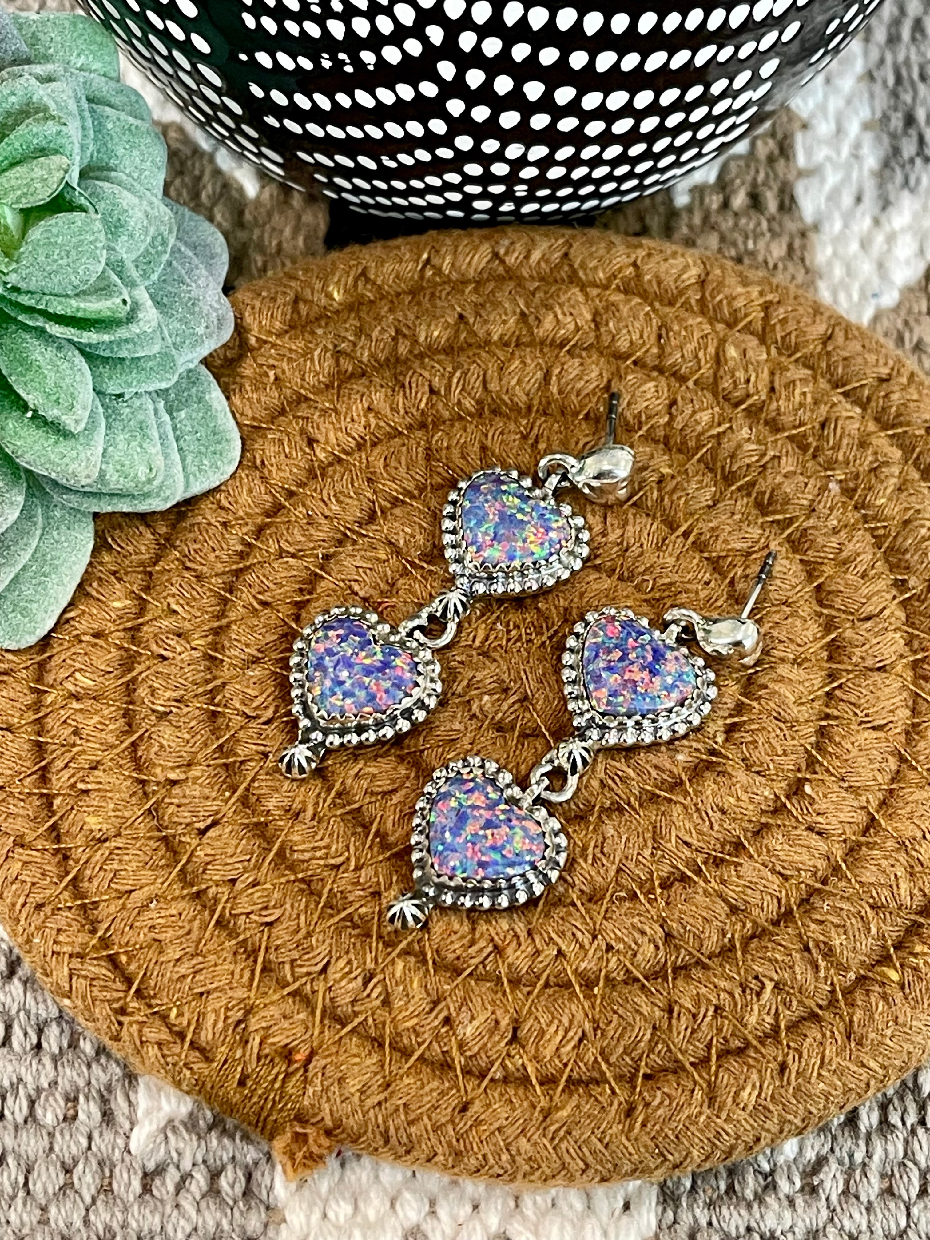 Southwest Handmade Opal & Sterling Silver Post Dangle Heart Earrings