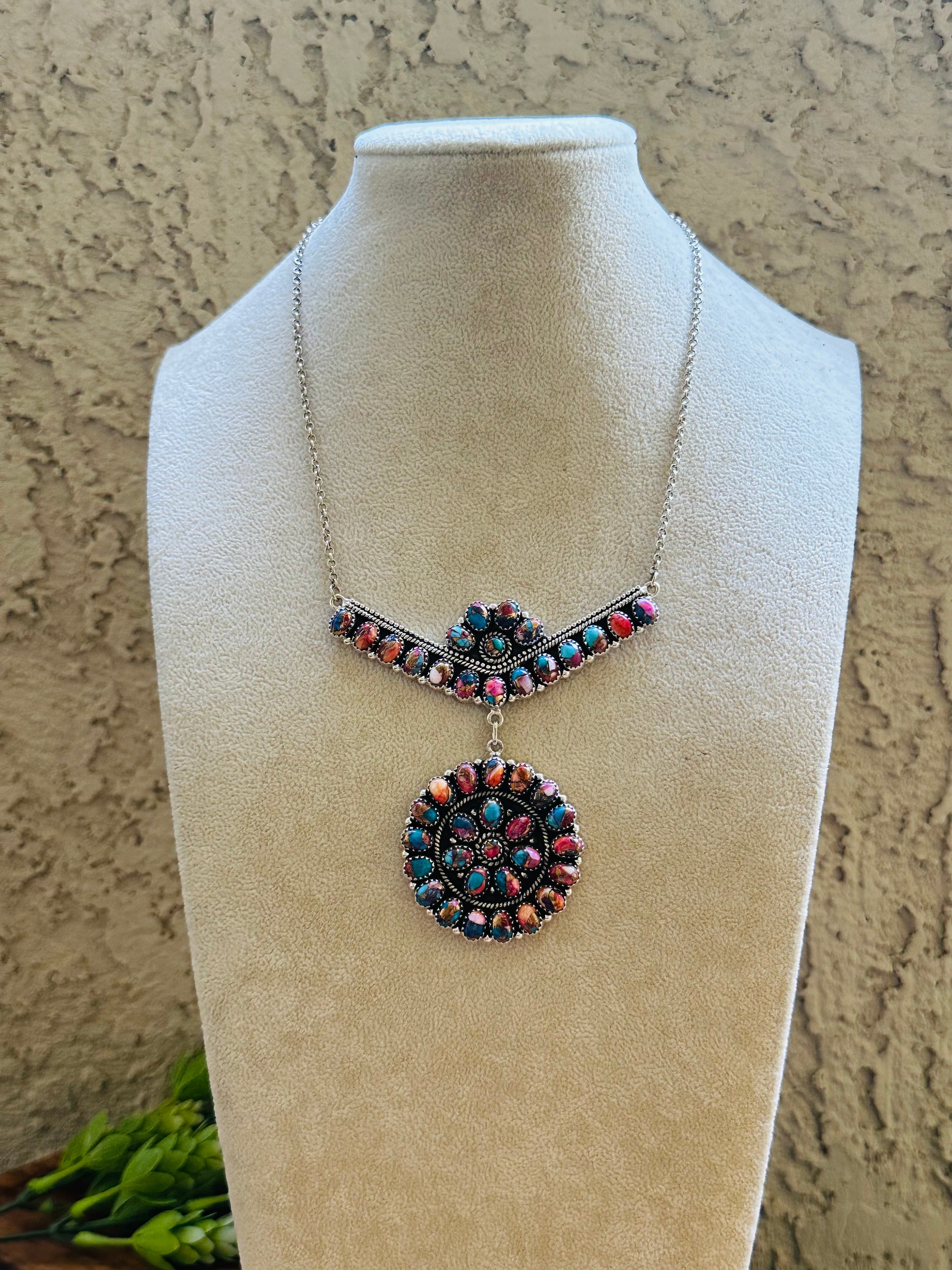 Southwest Handmade Mohave Turquoise & Sterling Silver Cluster Necklace