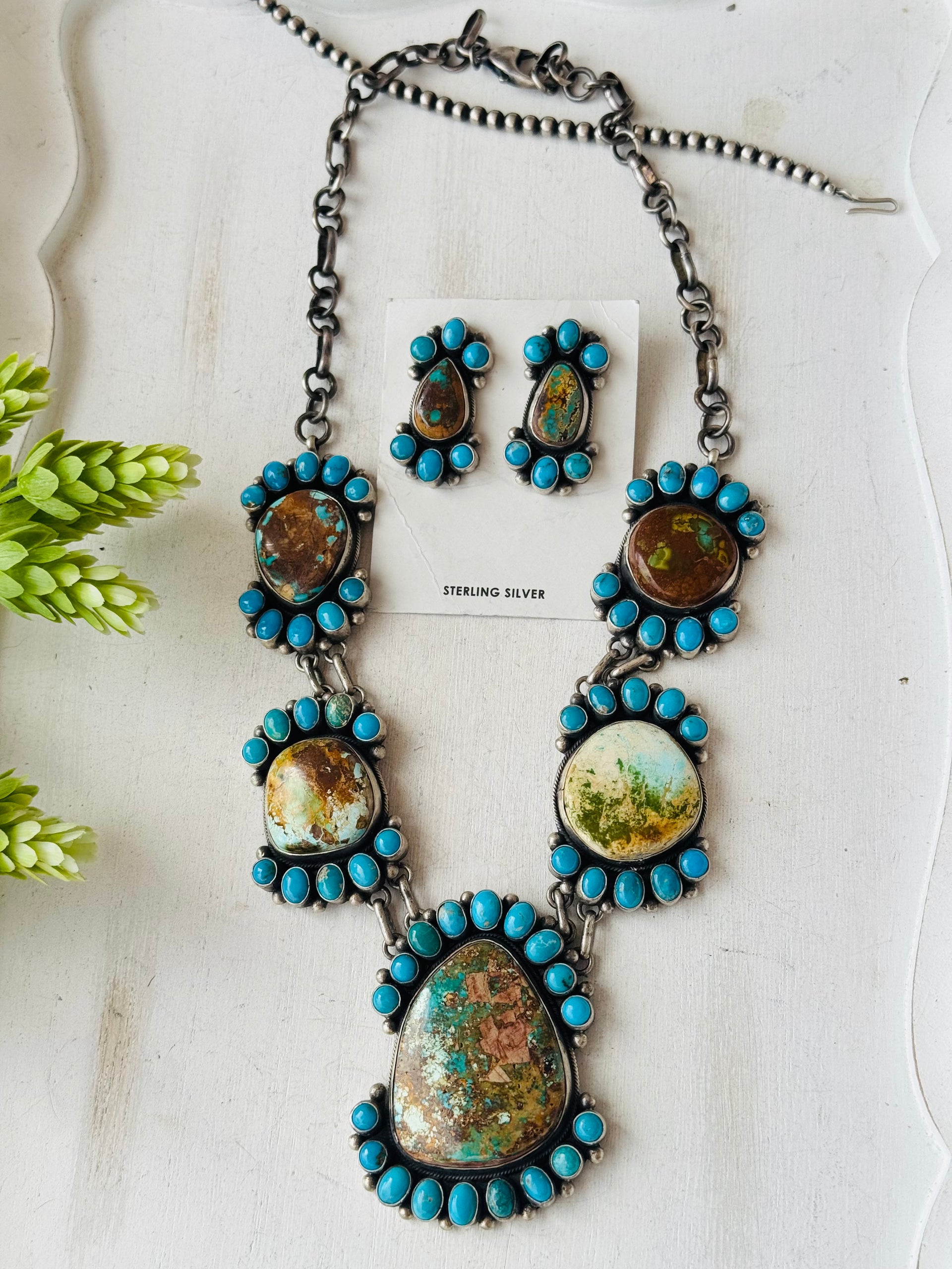 Blaine Yellowhorse Multi Turquoise & Sterling Silver Cluster Necklace Set