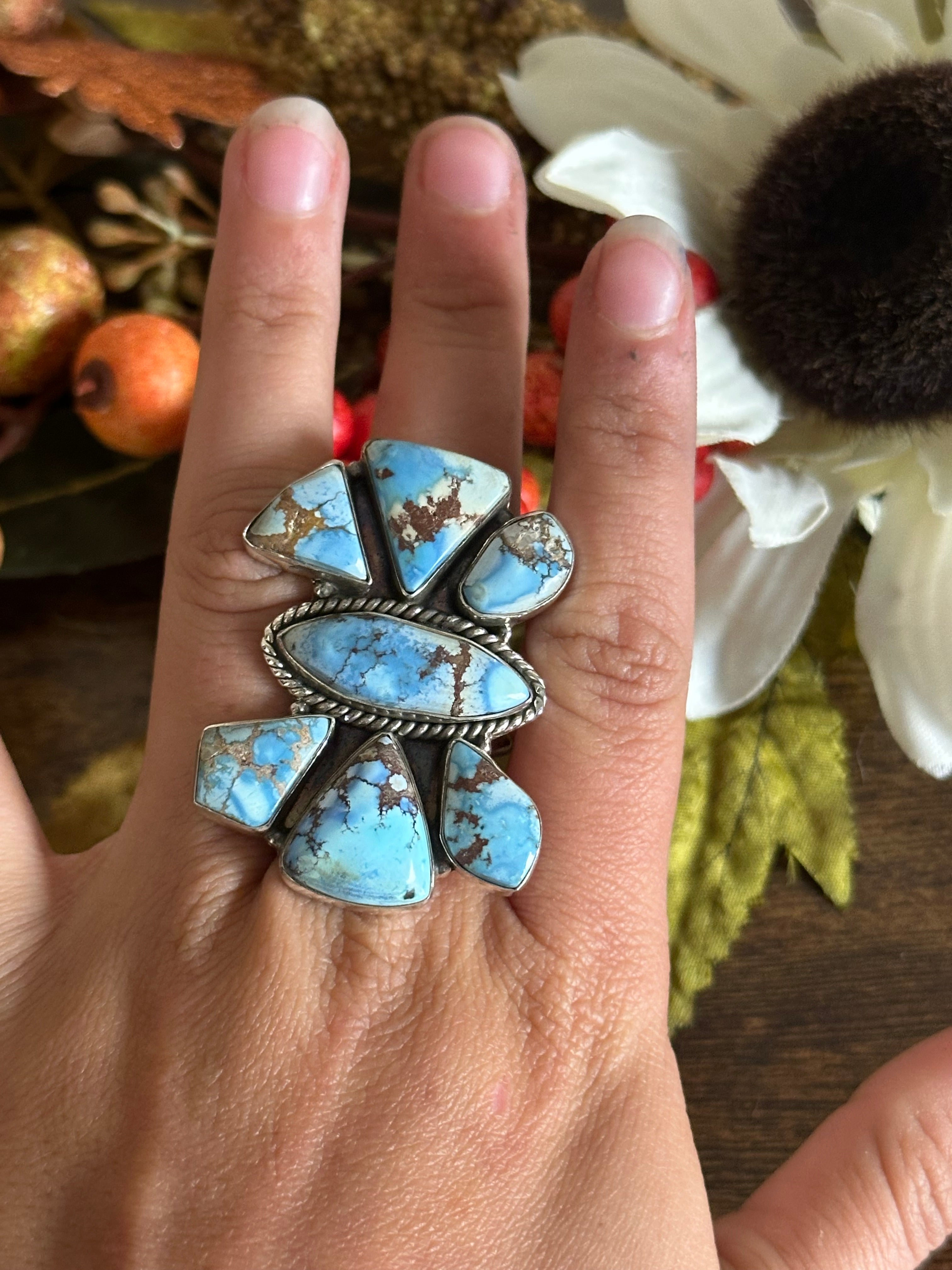 Southwest Handmade Golden Hill’s Turquoise & Sterling Silver Adjustable Cluster Ring