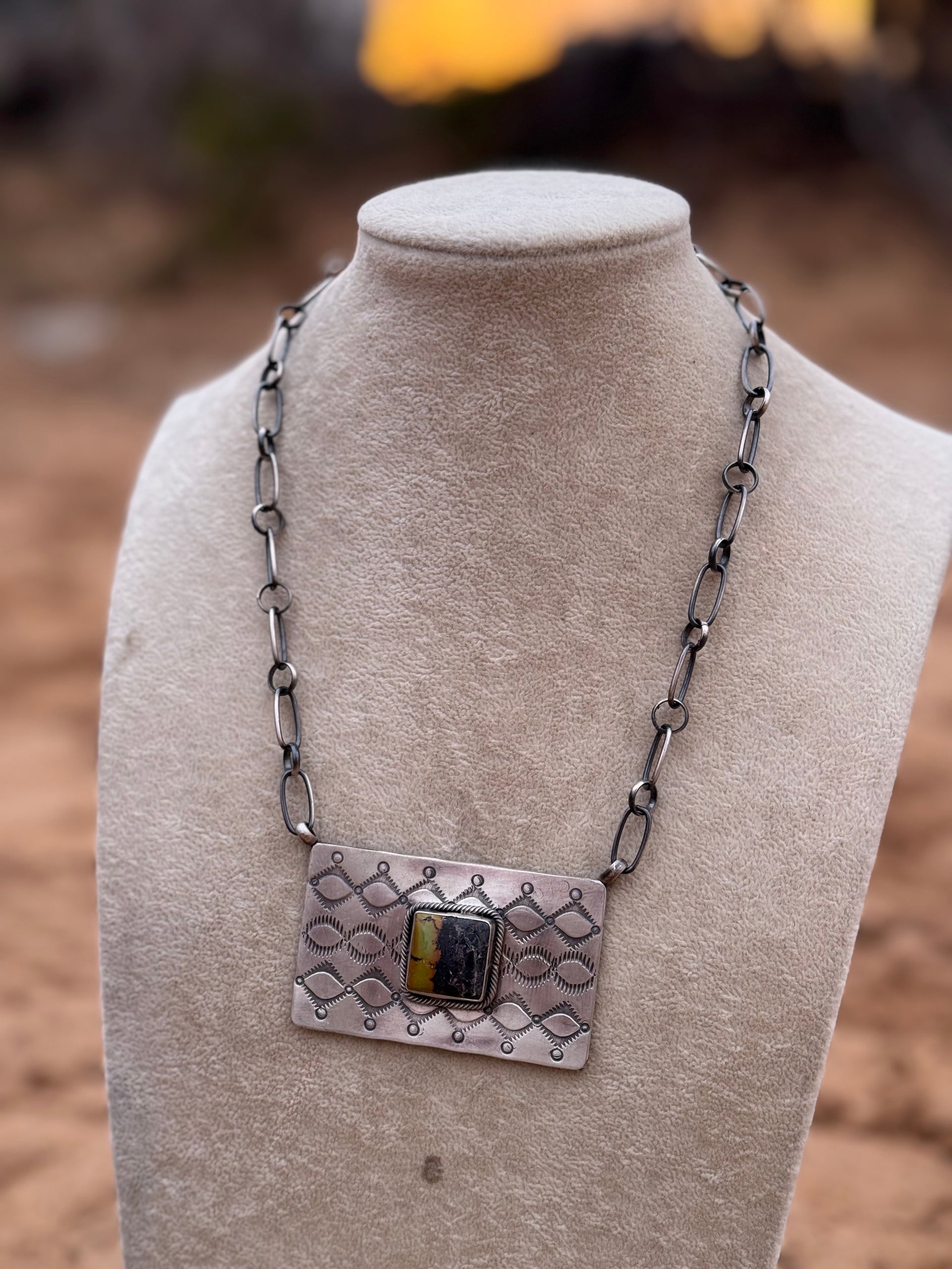 Danny Henio Black Jack Turquoise & Sterling Silver Bar Necklace