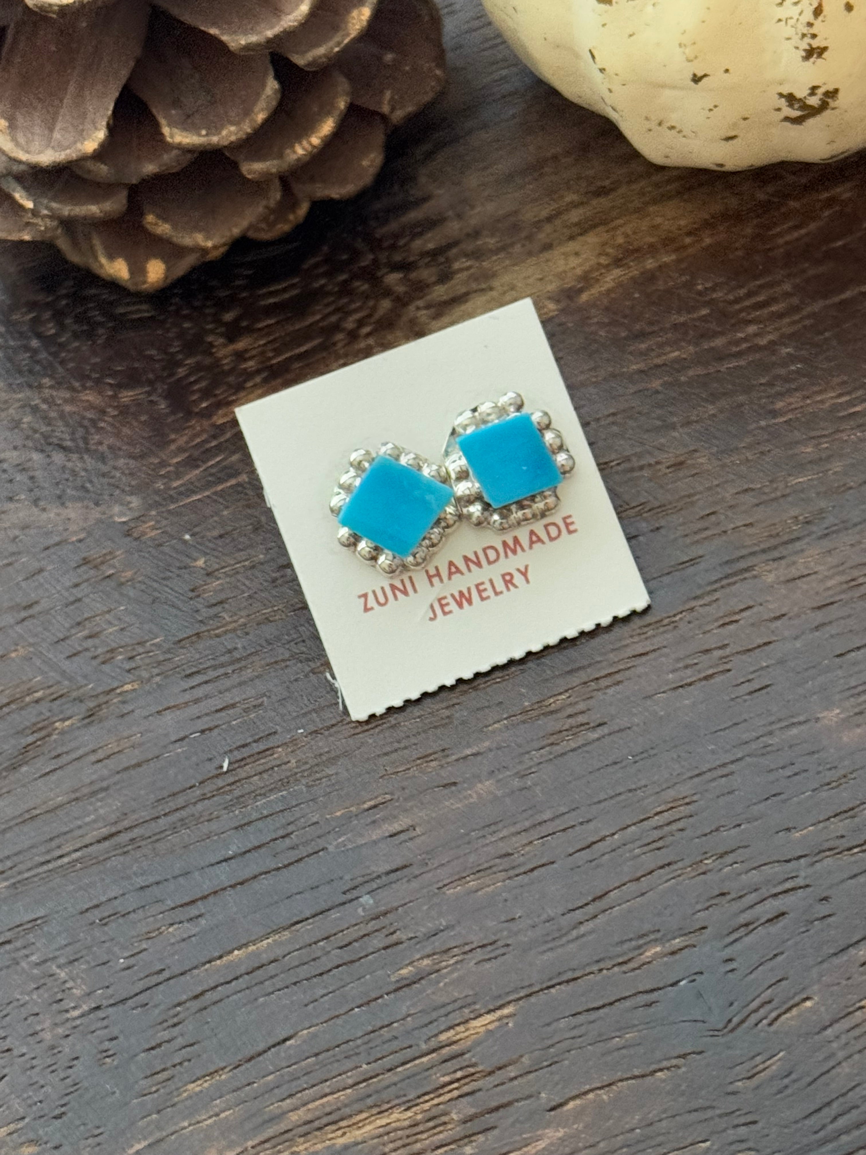 Zuni Made Turquoise & Sterling Silver Inlay Earrings