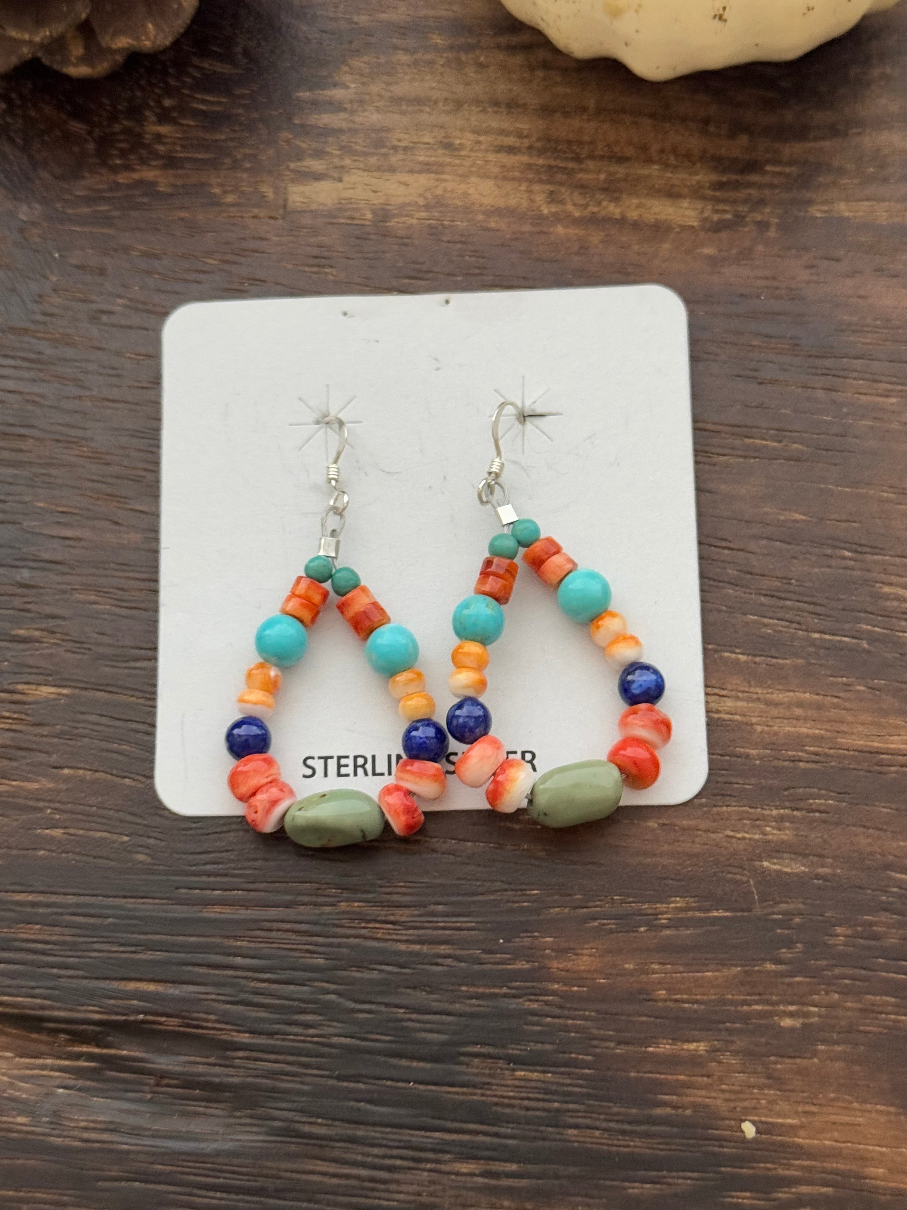 Navajo Made Multi Stone & Sterling Silver Beaded Dangle Earrings