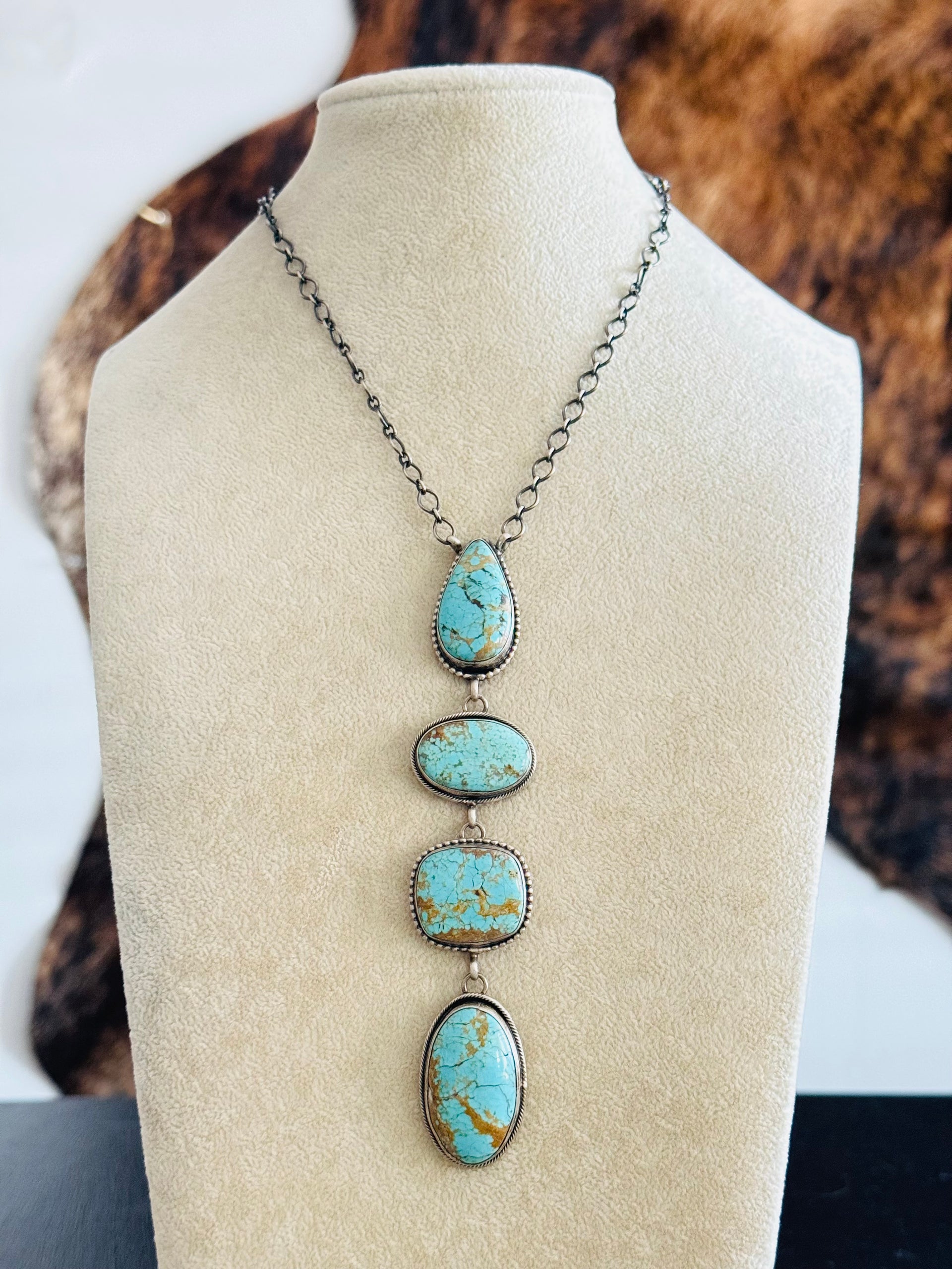 Navajo Made Mine 8 Turquoise & Sterling Silver Lariat Necklace