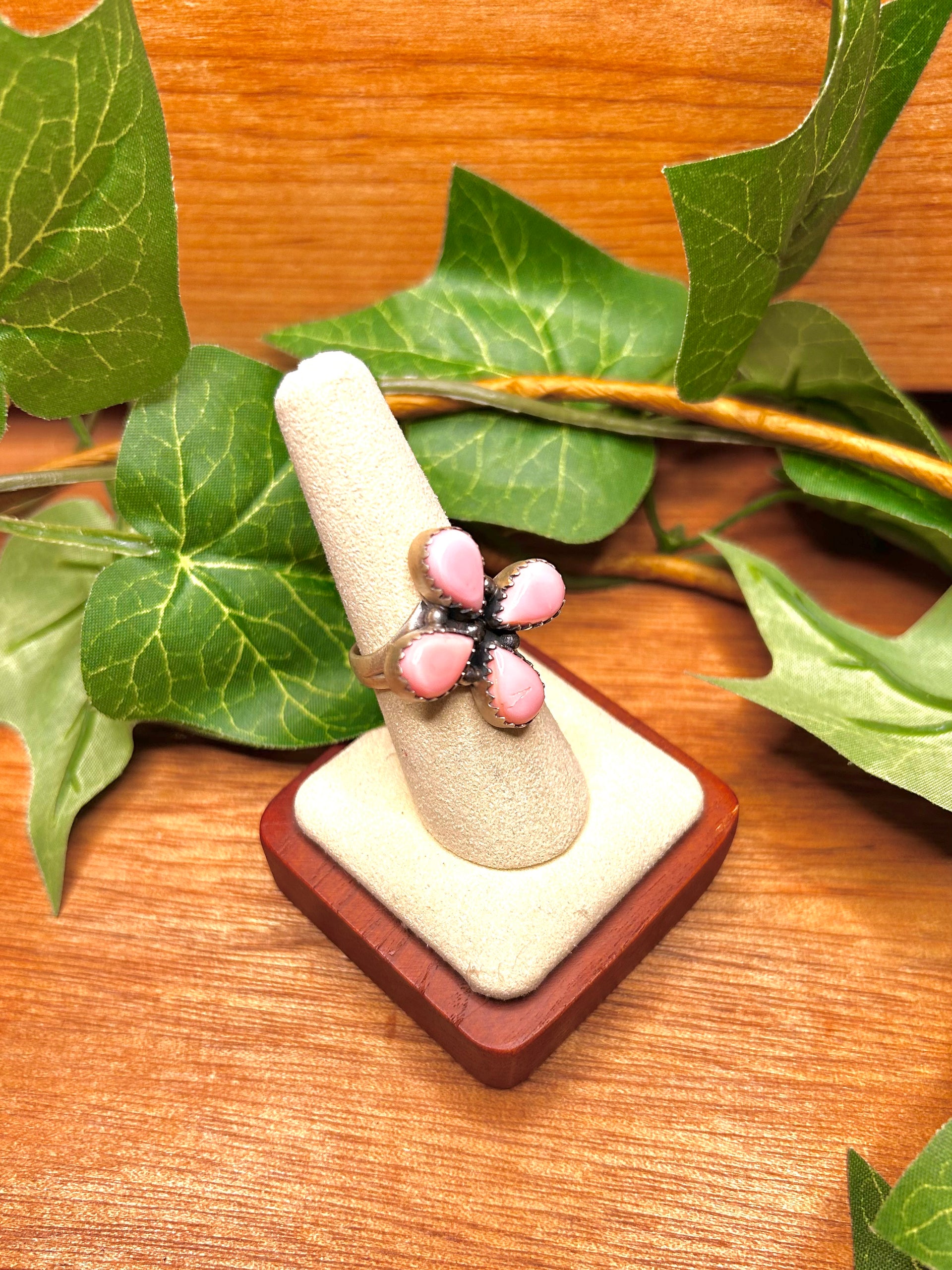 Southwest Made Pink Conch & Sterling Sliver Cluster Ring Size 8