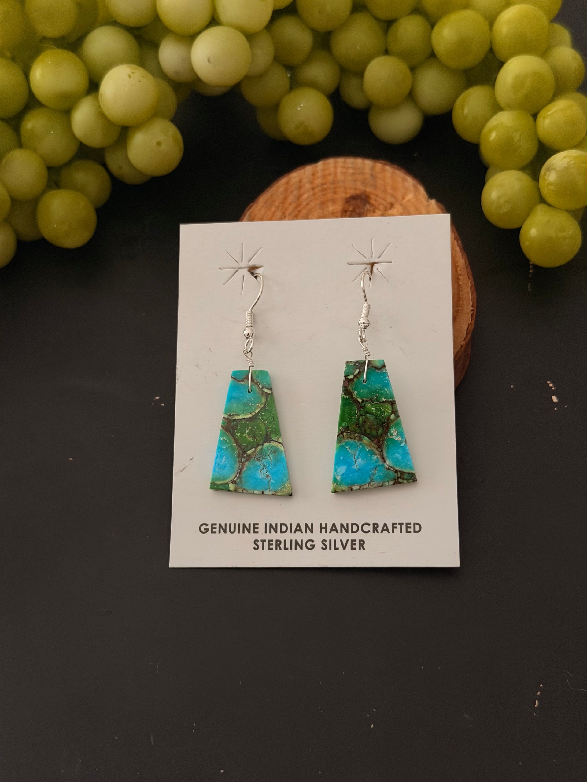Navajo Made Green Mohave Turquoise & Sterling Silver Slab Dangle Earrings
