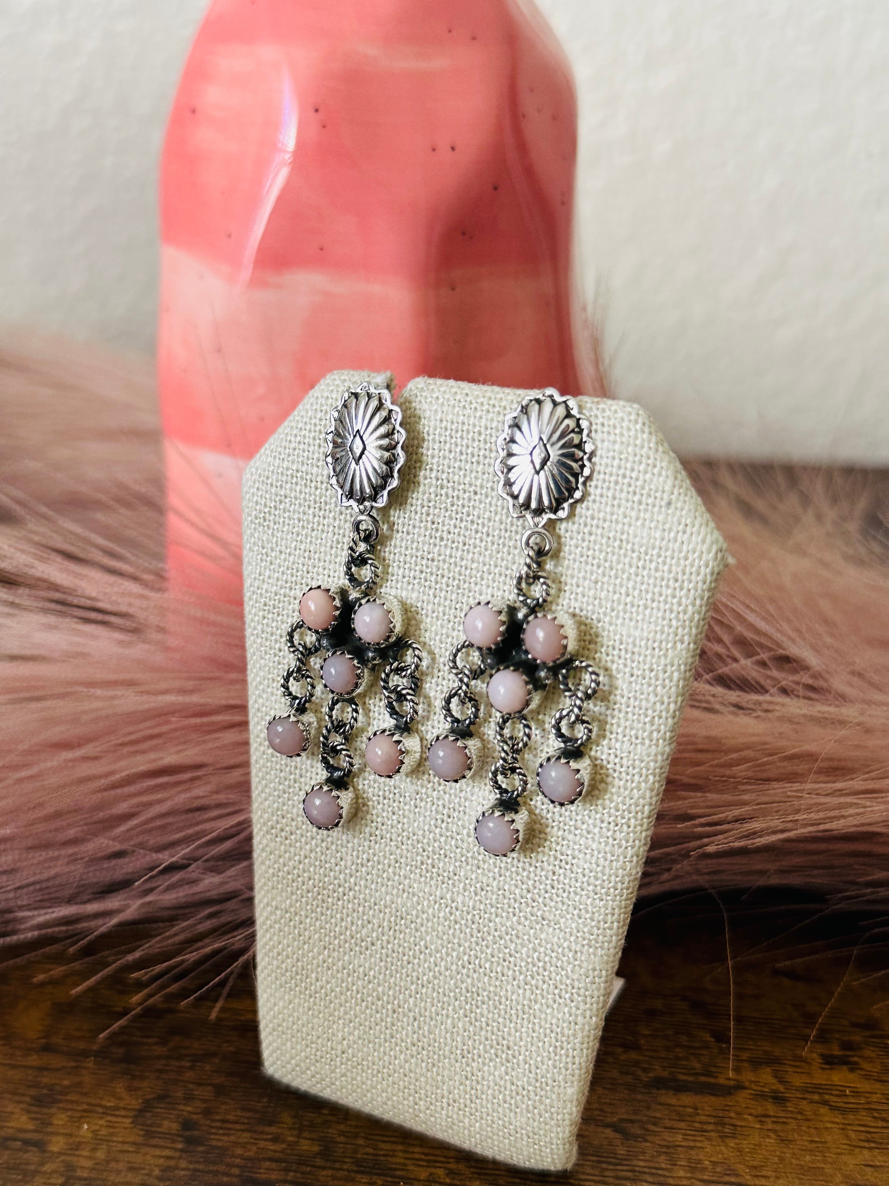 Southwest Handmade Peruvian Pink Opal & Sterling Silver Post Dangle Earrings