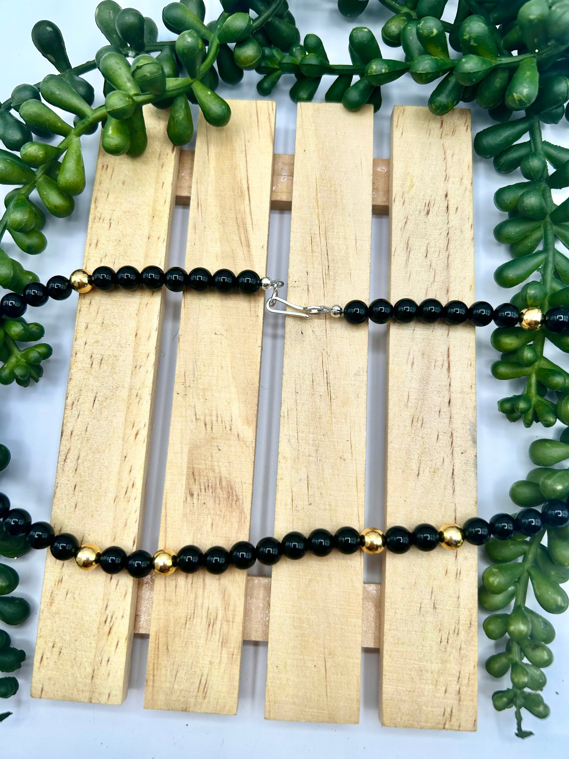 Navajo Made Strung Onyx & 14k Gold Plate Necklace
