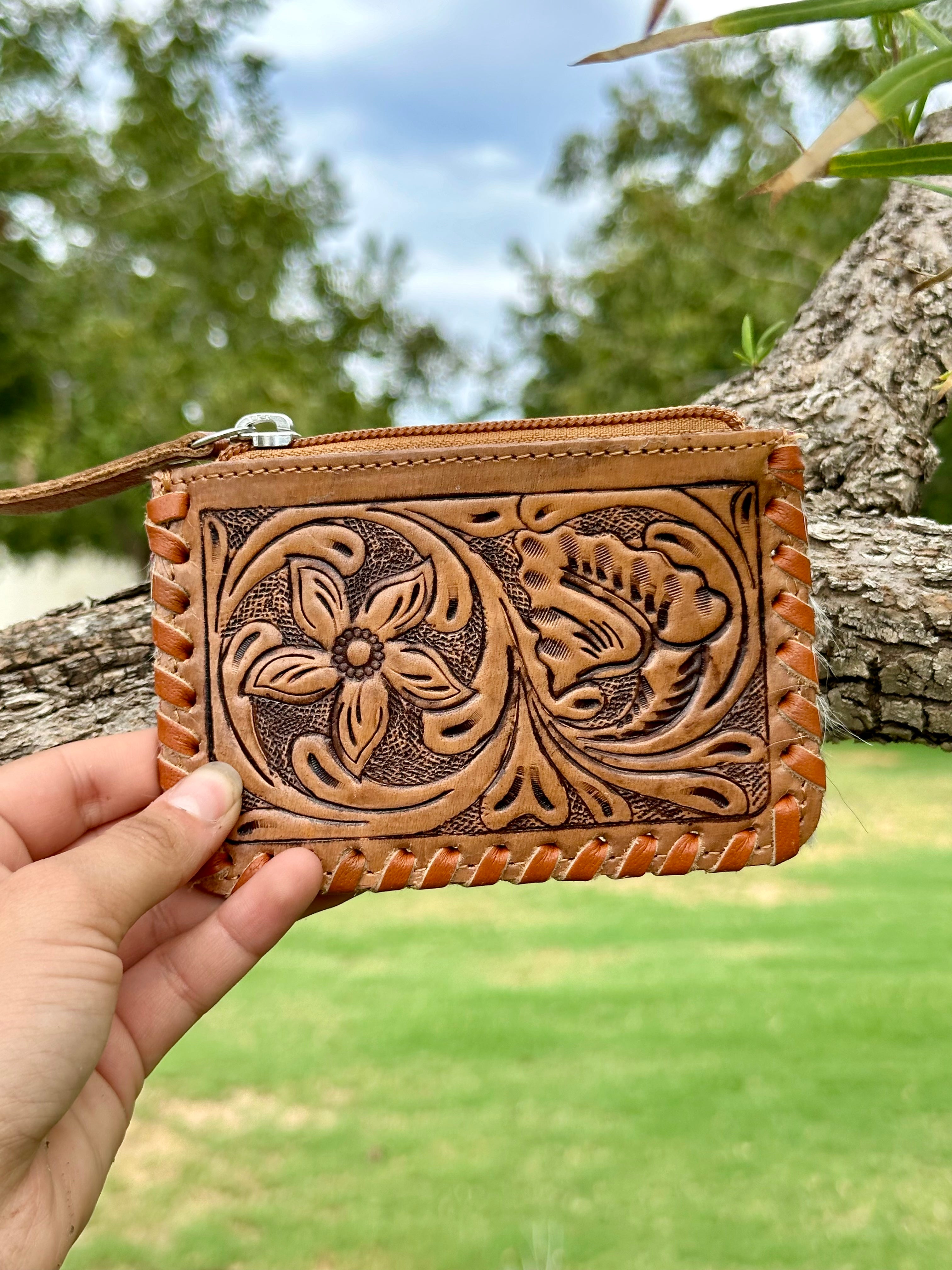 Genuine Tooled Leather Cowhide Coin Bag