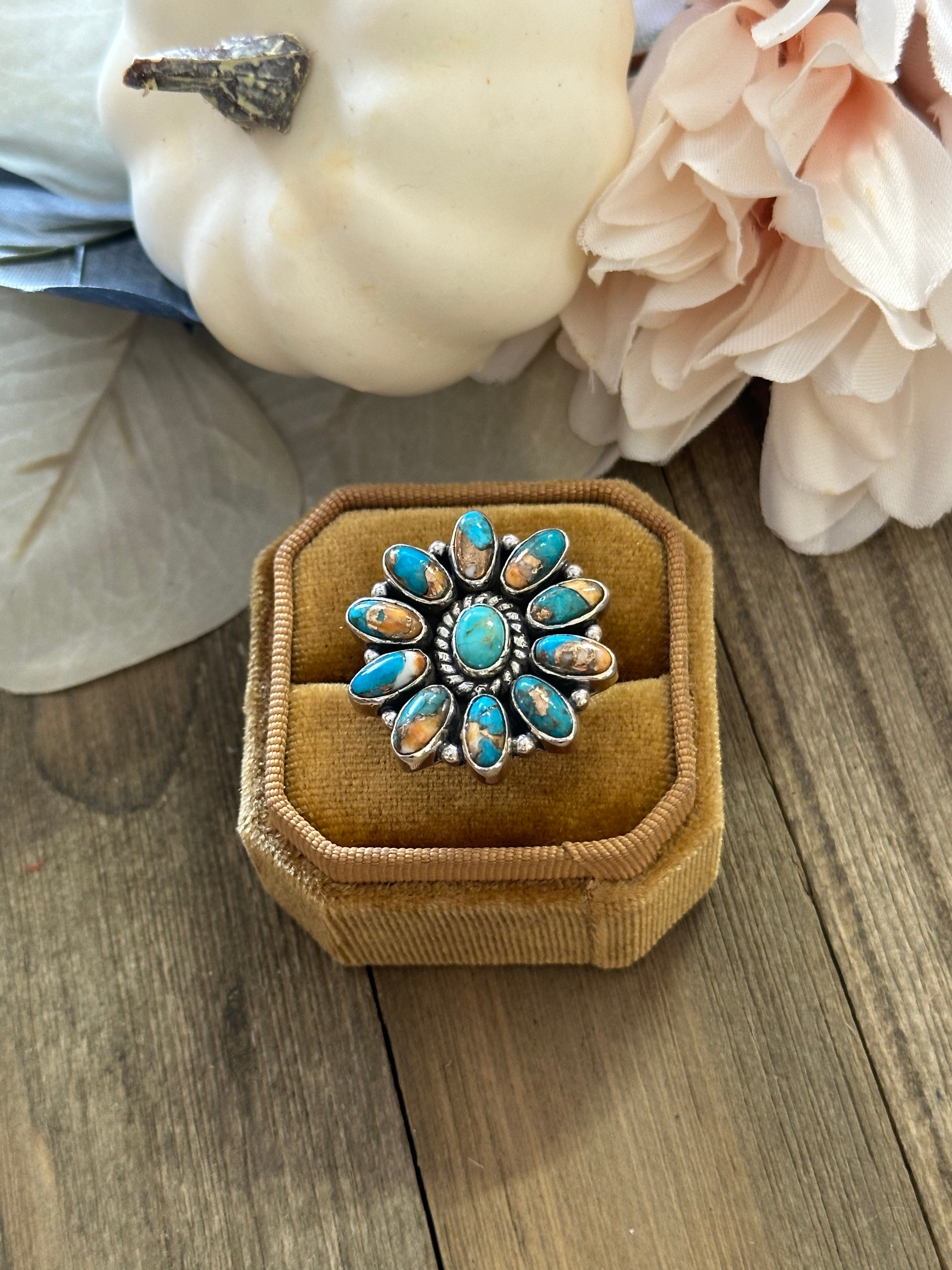 Southwest Handmade Mohave Turquoise & Sterling Silver Adjustable Cluster Ring