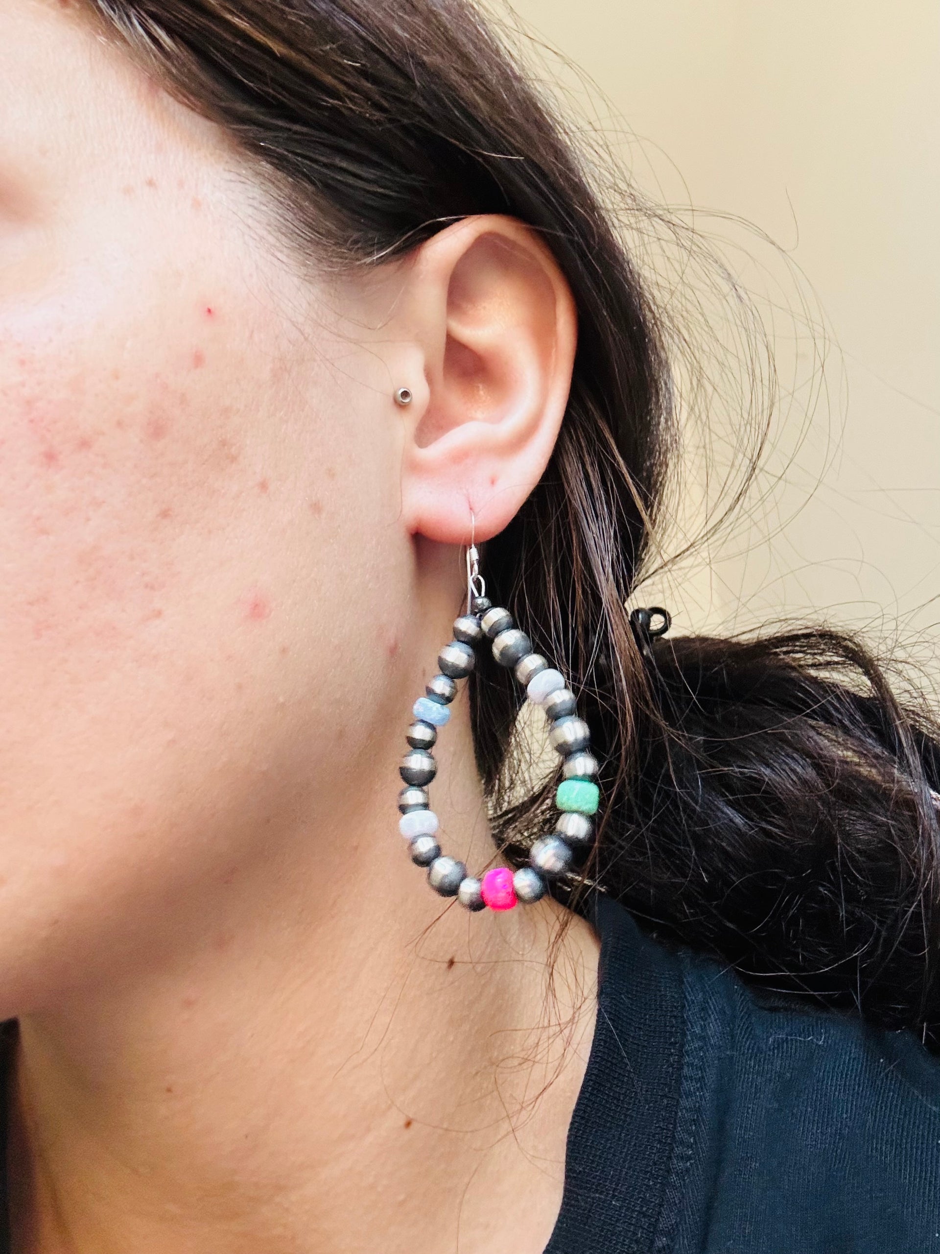 Navajo Strung Opal (Man Made) & Sterling Silver Graduated Pearl Dangle Earrings