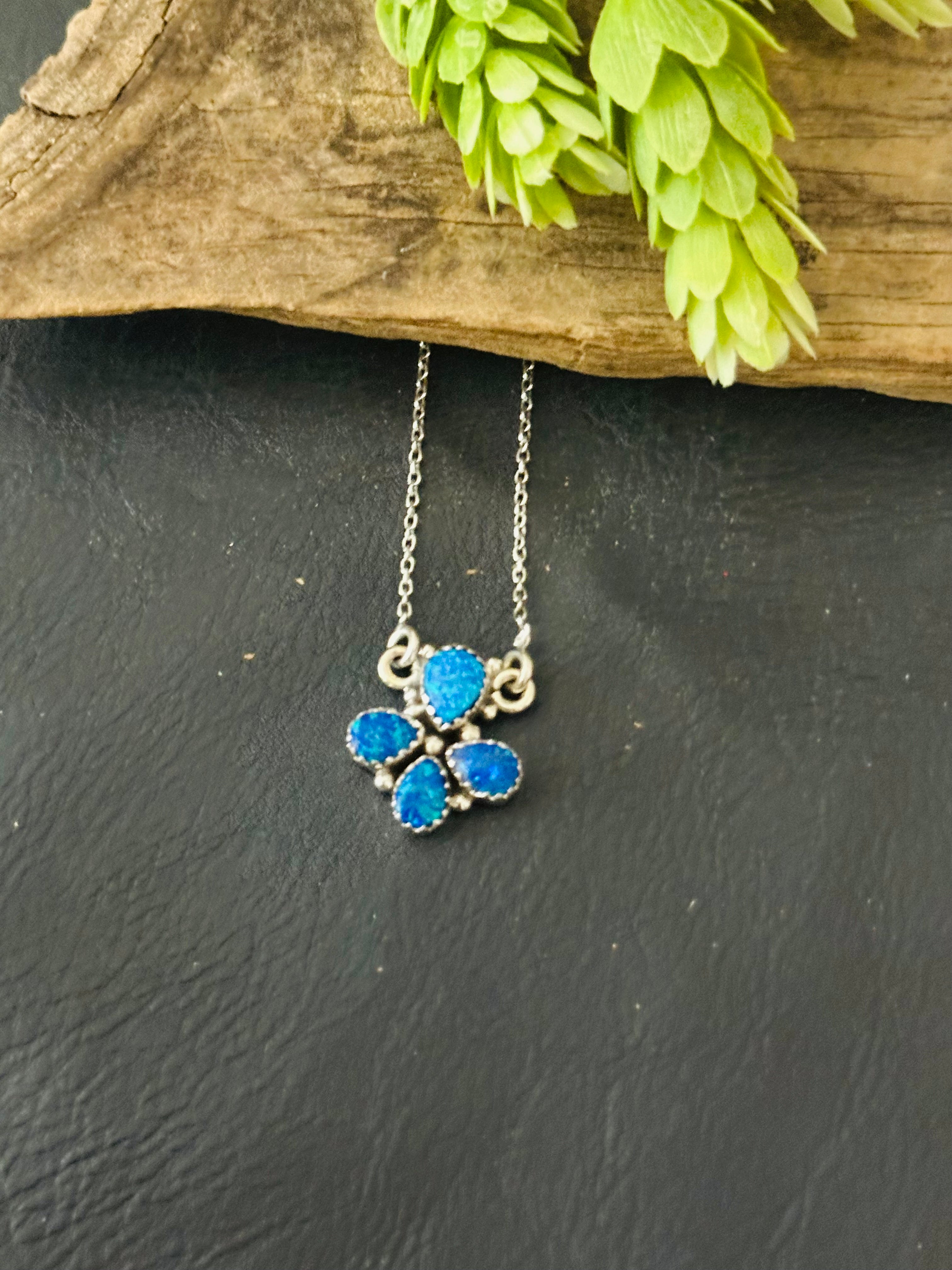 Southwest Handmade Blue Opal & Sterling Silver Cluster Necklace