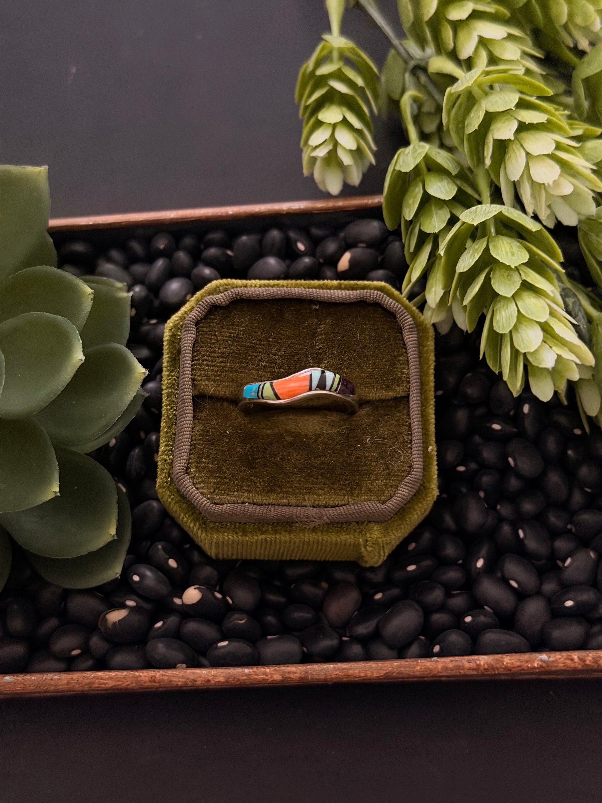 Navajo Made Multi Stone & Sterling Silver Inlay Ring Size 7.75