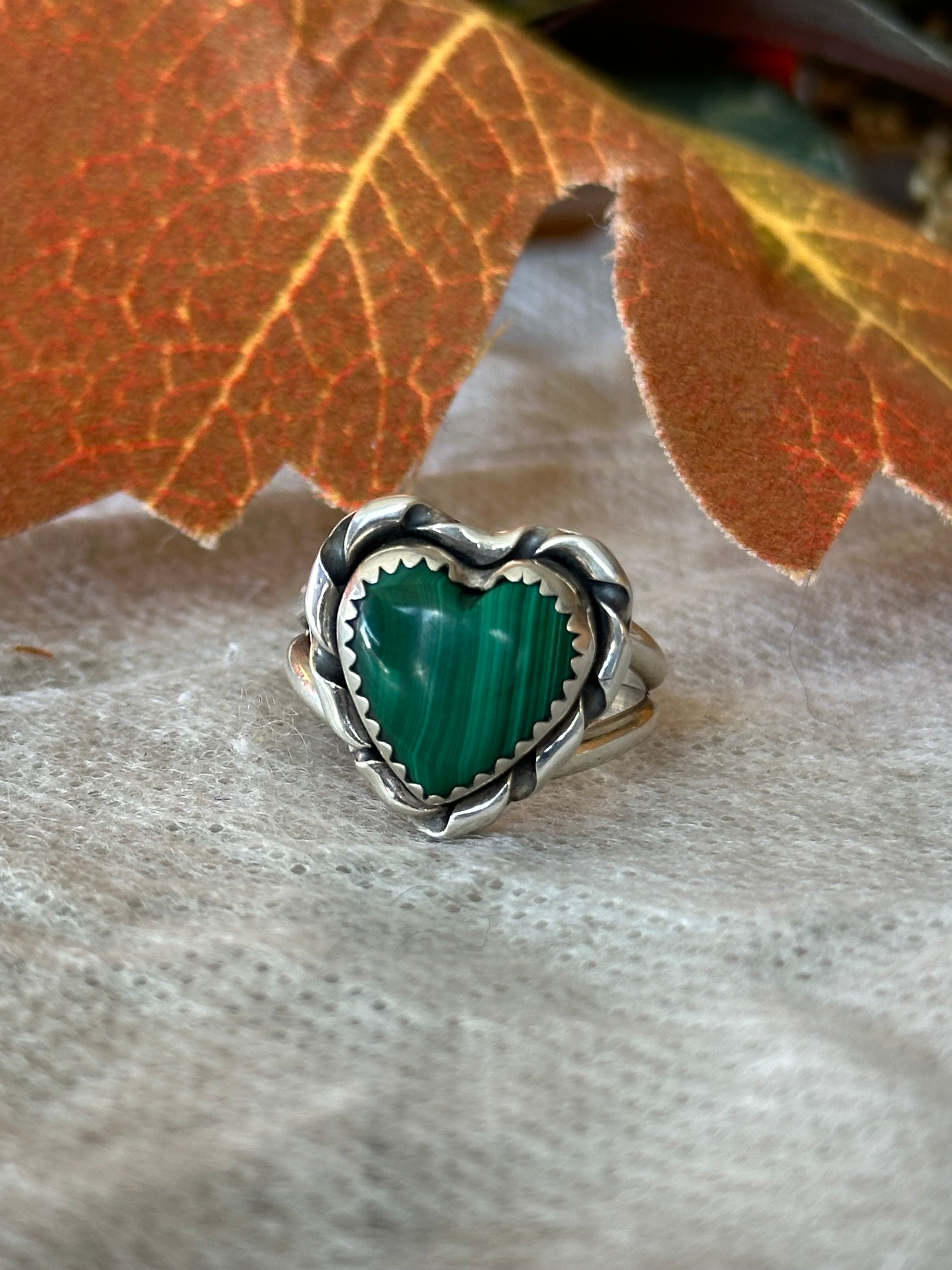 Navajo Made Malachite & Sterling Silver Heart Ring