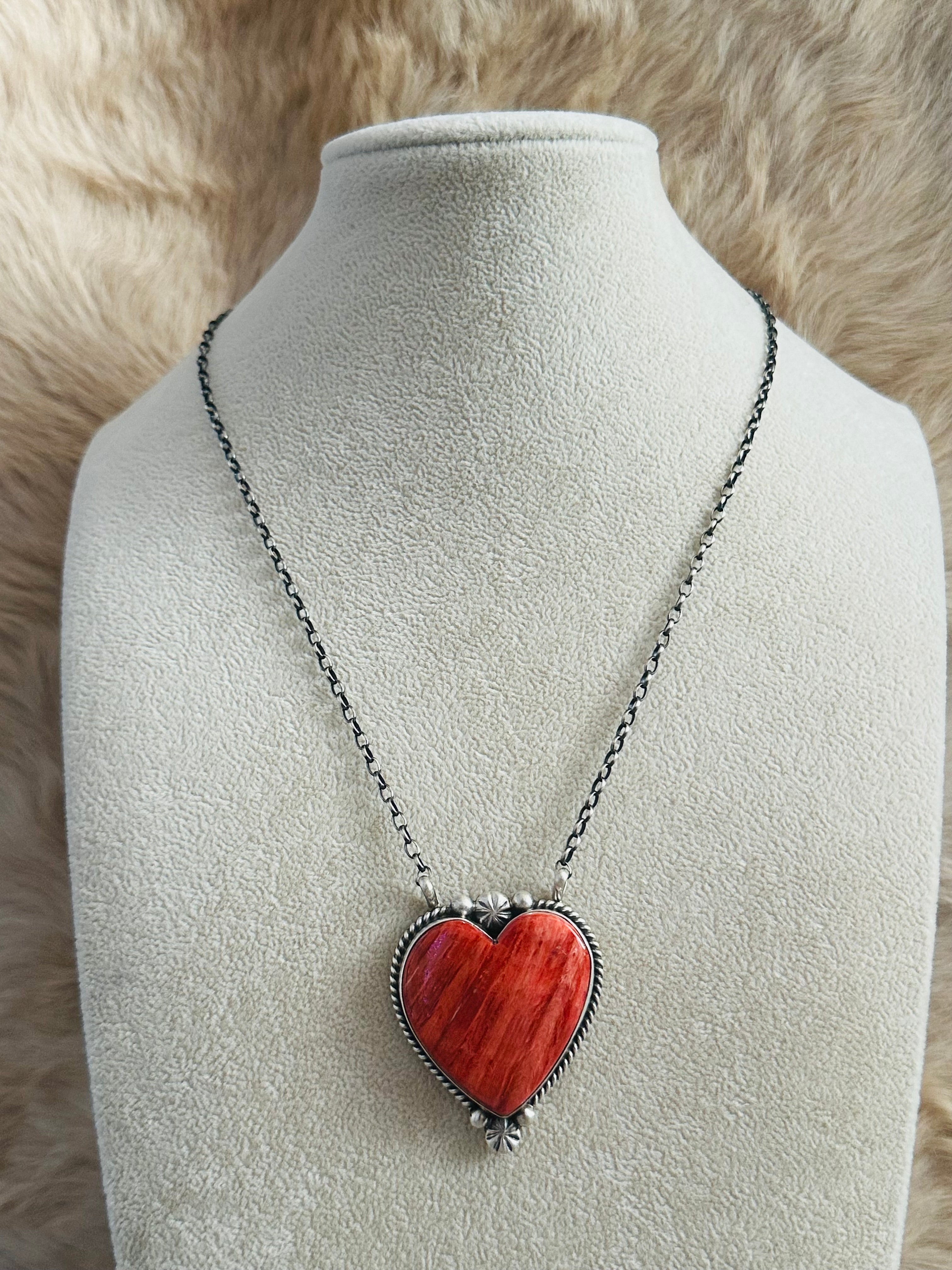 Alfred Martinez Red Spiny Oyster & Sterling Silver Heart Necklace