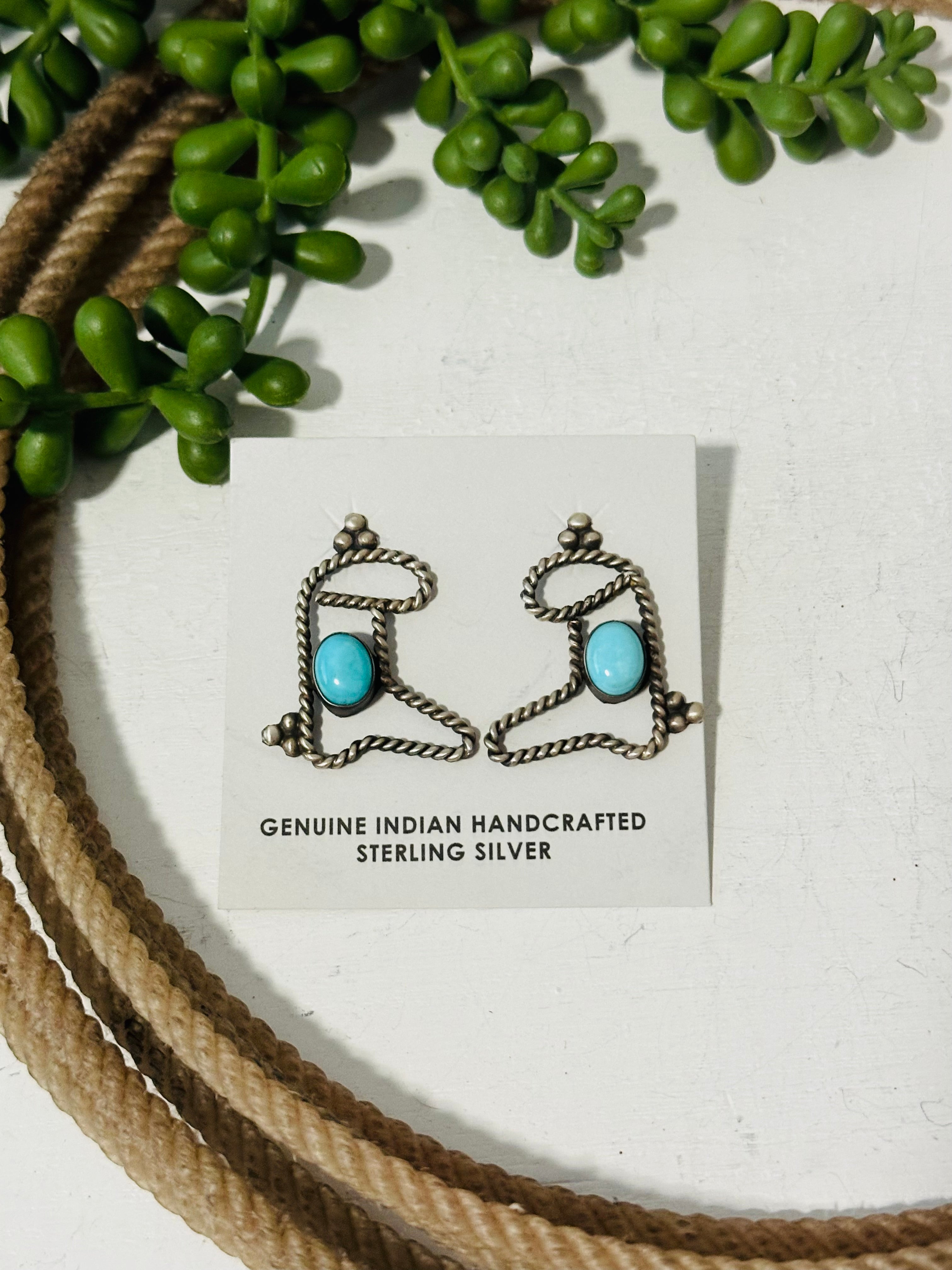 Navajo Made Kingman Turquoise & Sterling Silver Boot Earrings