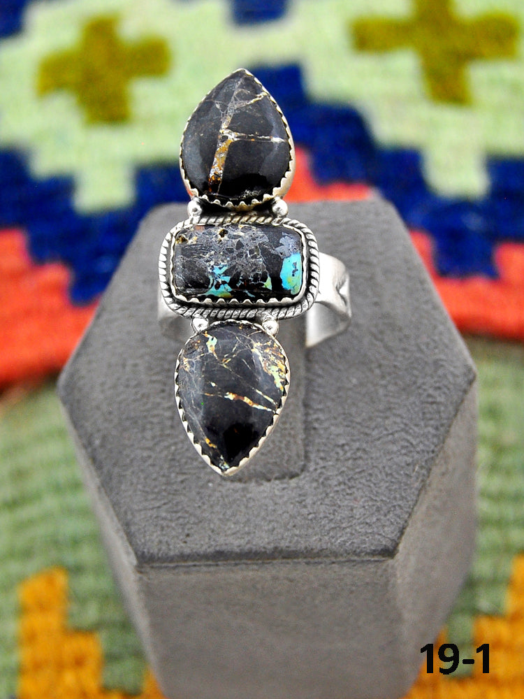 Southwest Handmade Black Jack Turquoise & Sterling Silver Adjustable Ring