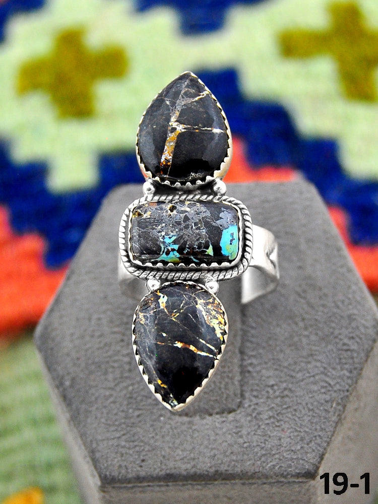 Southwest Handmade Black Jack Turquoise & Sterling Silver Adjustable Ring