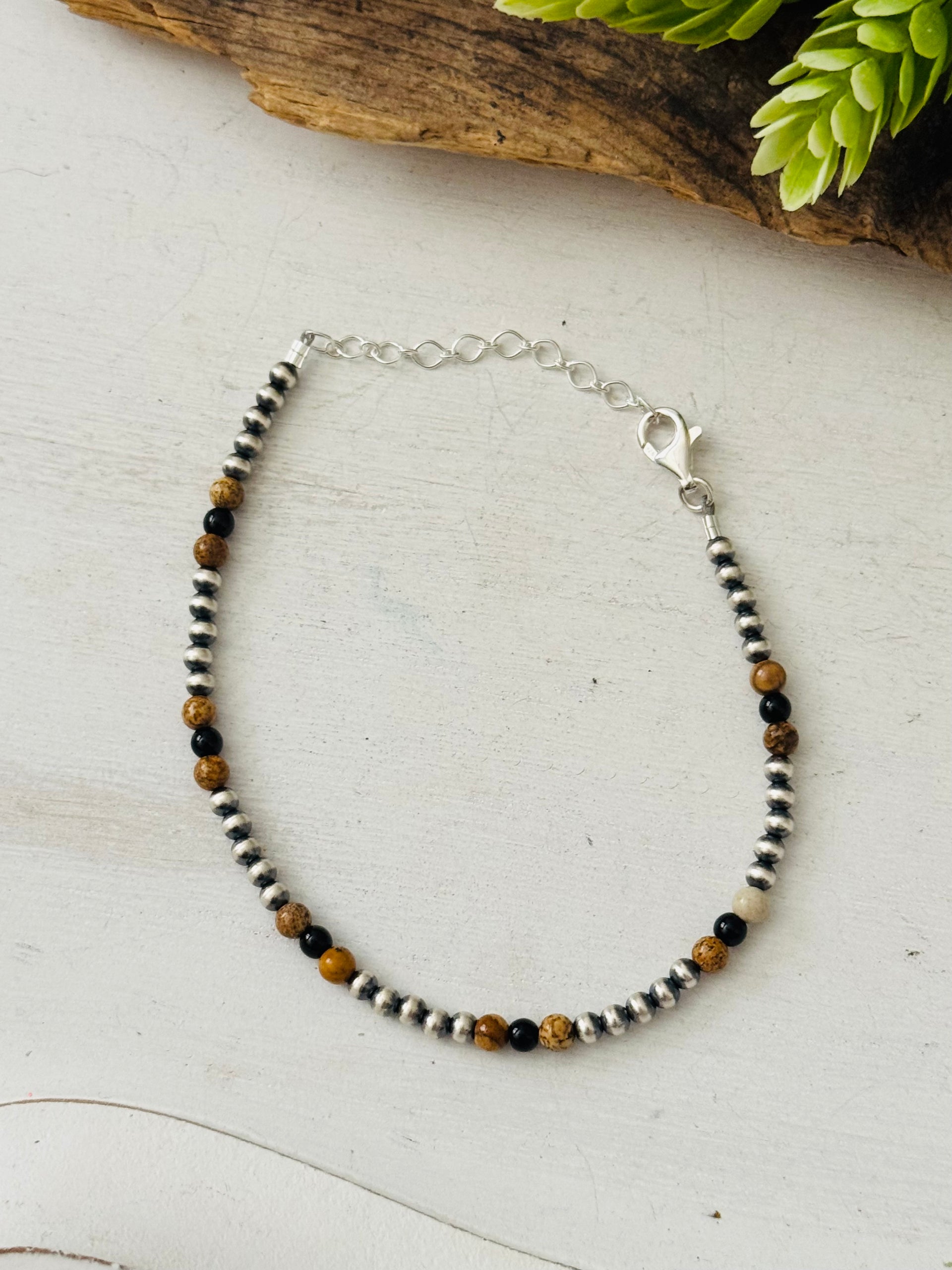 Navajo Made Multi Stone & Sterling Silver Strung Anklet