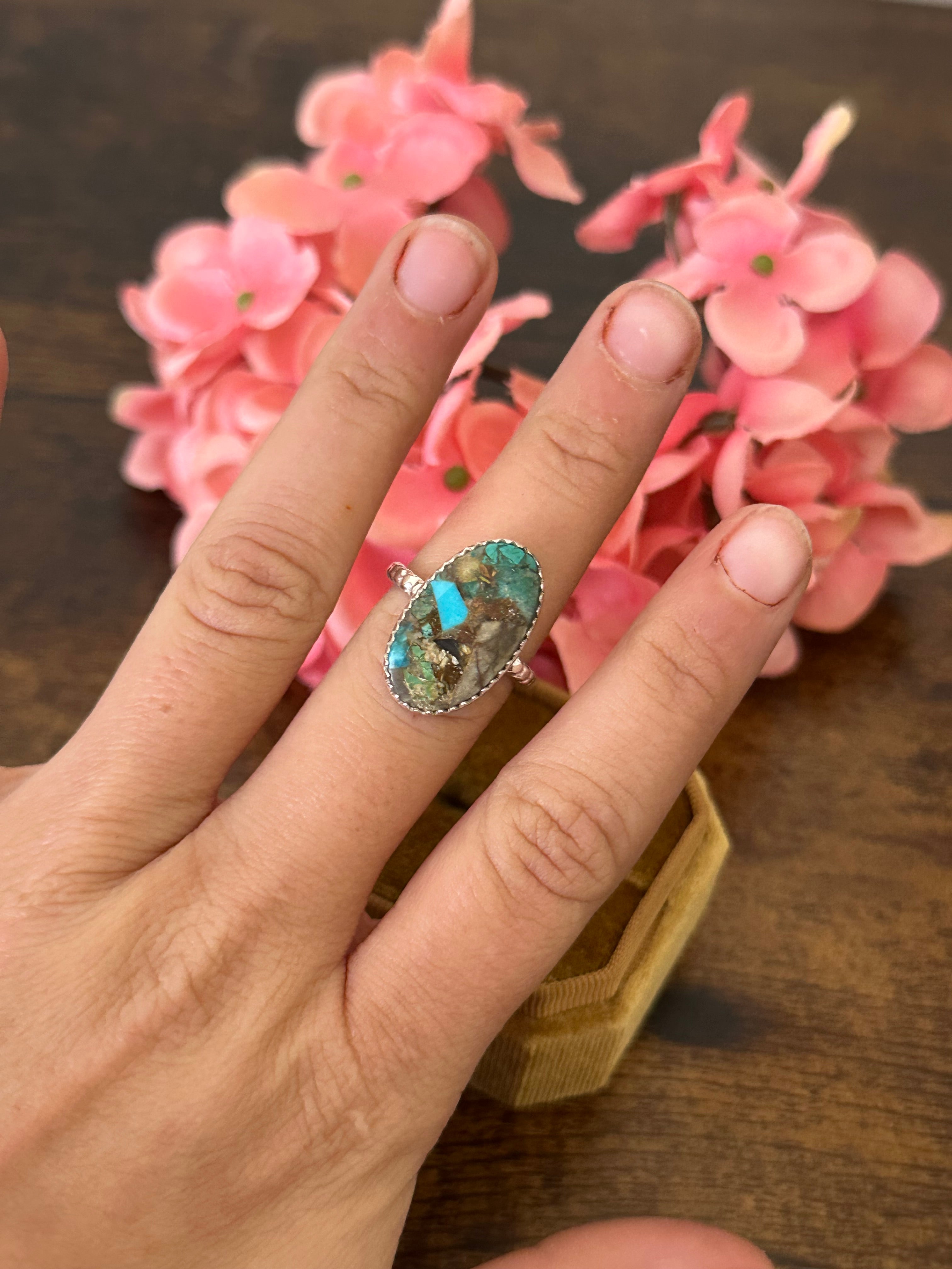 Southwest Handmade Mohave Turquoise & Sterling Silver Ring Size 6.75