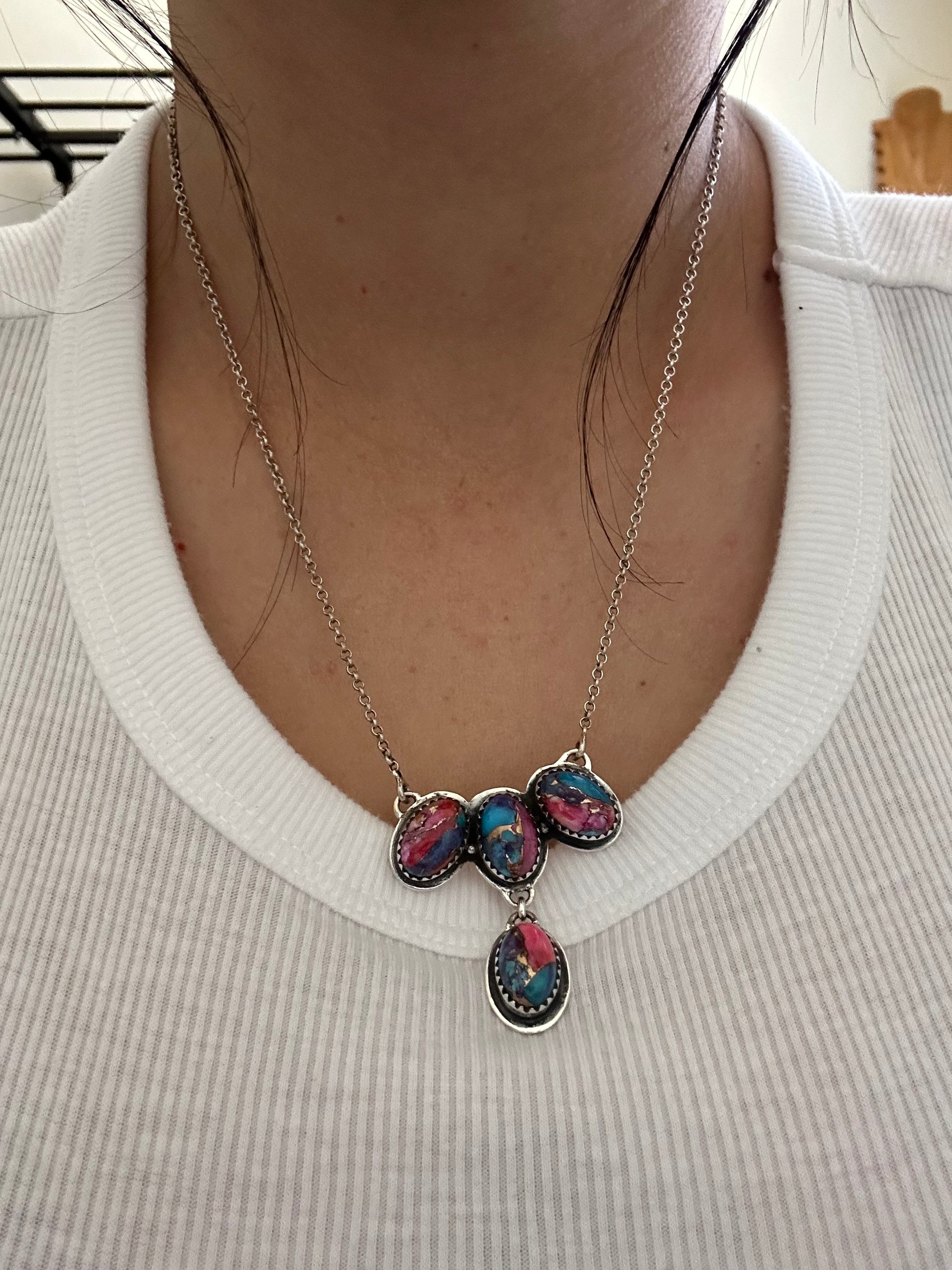 Southwest Handmade Mohave Turquoise & Sterling Silver Cluster Necklace