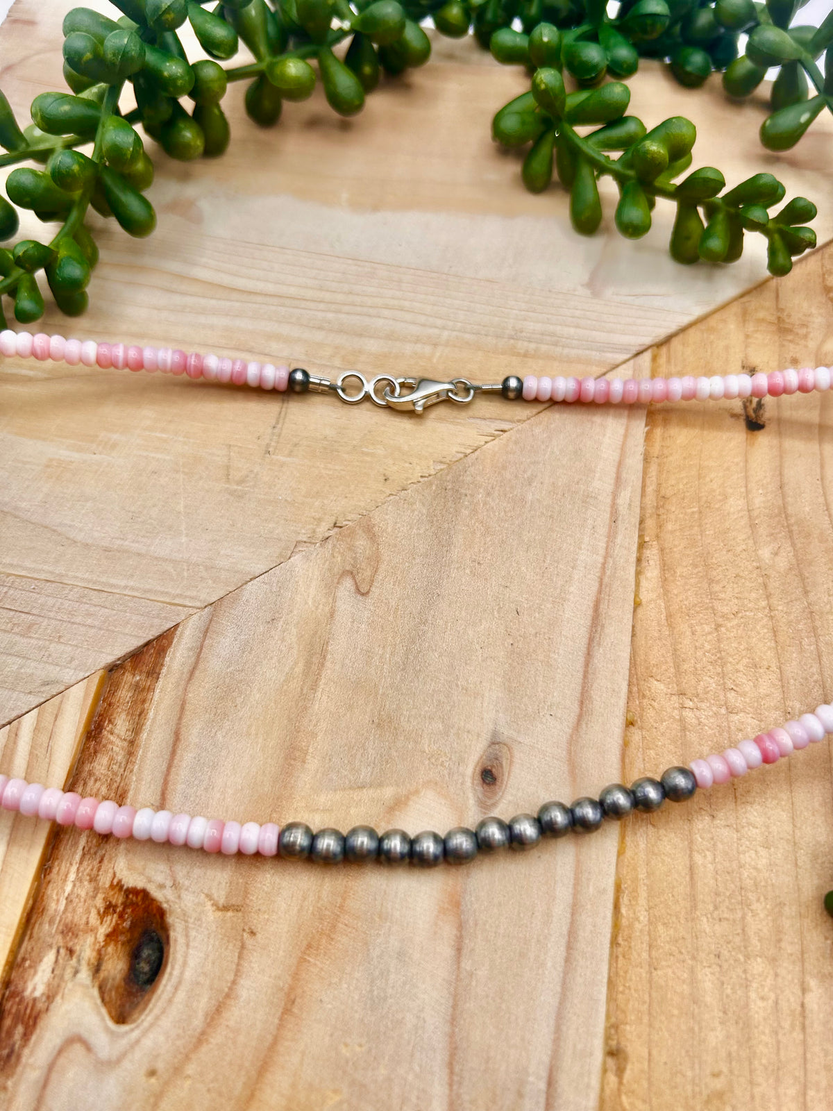 Navajo Made Strung Pink Conch & Sterling Silver Necklace