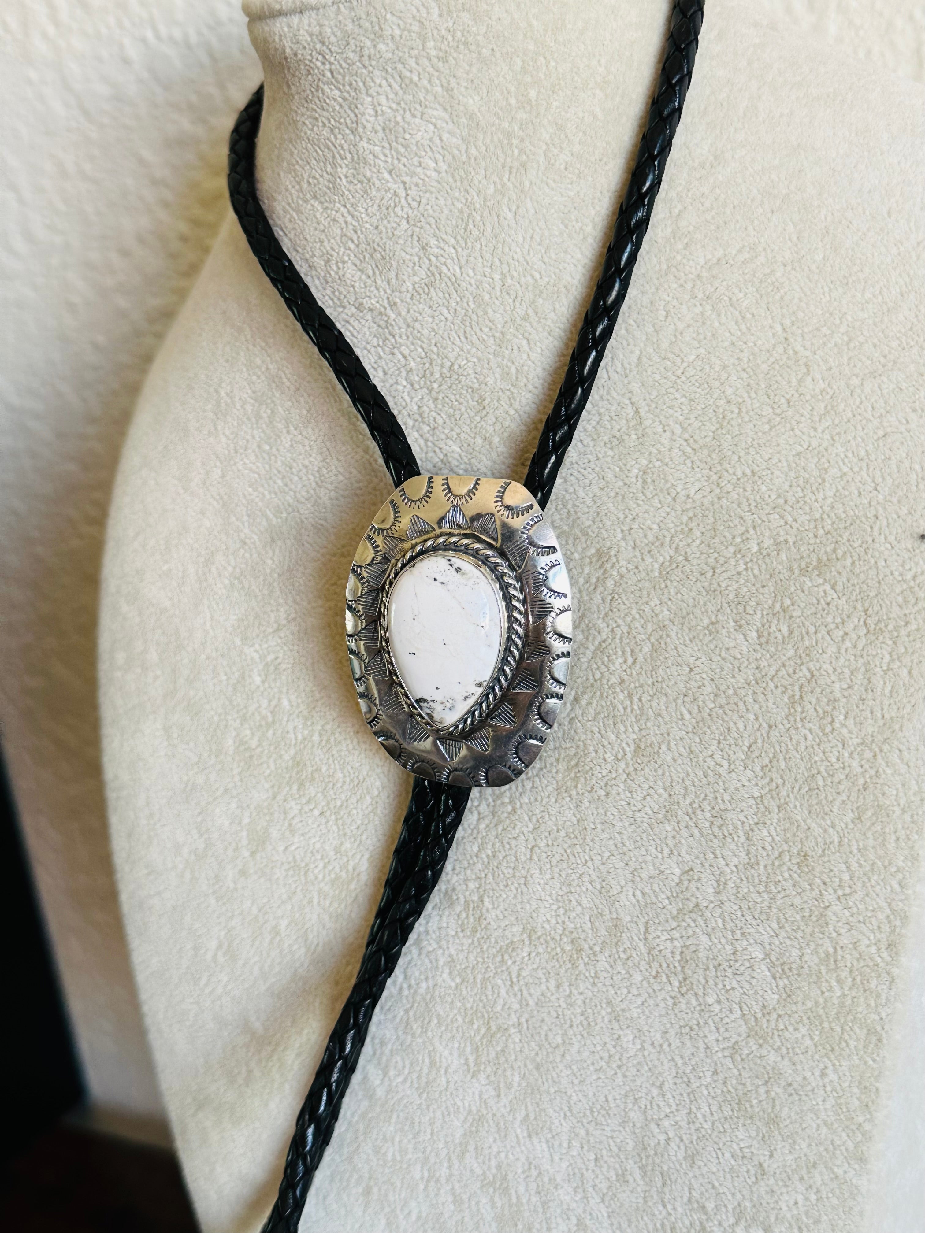 Navajo Made White Buffalo & Sterling Silver Necklace Bolo