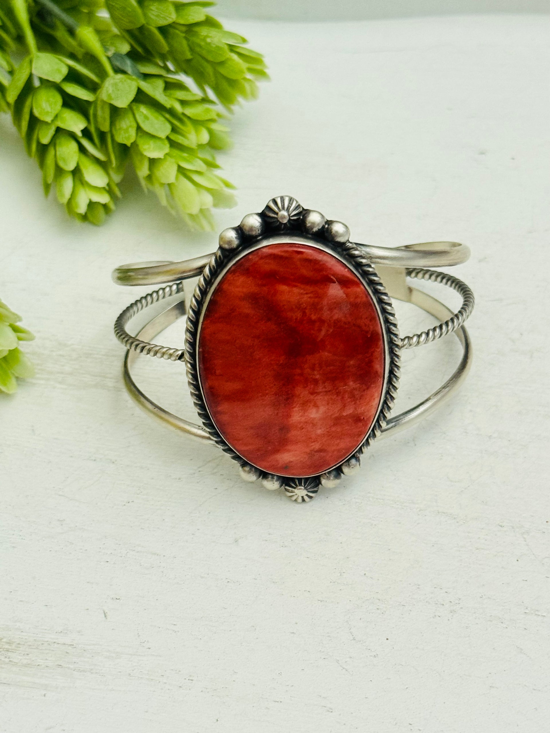 Irene Kee Red Spiny Oyster & Sterling Silver Cuff Bracelet