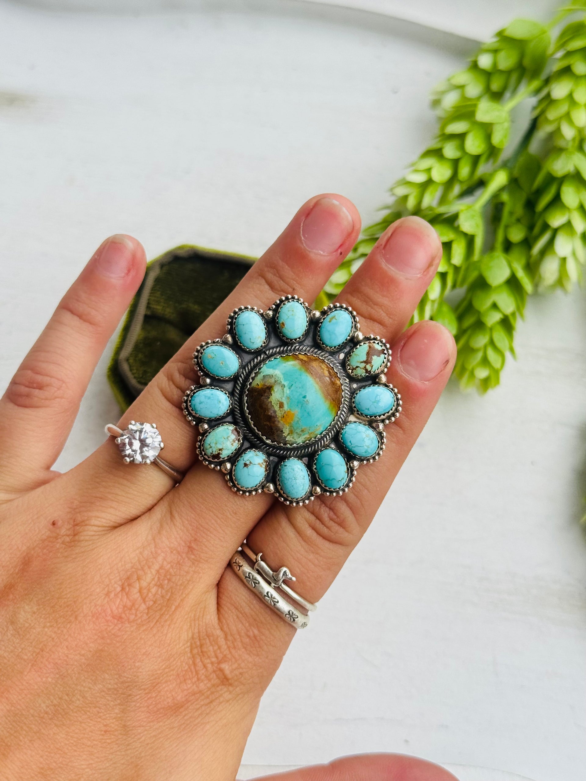 Navajo Made Royston Turquoise & Sterling Silver Cluster Ring Size 10.5