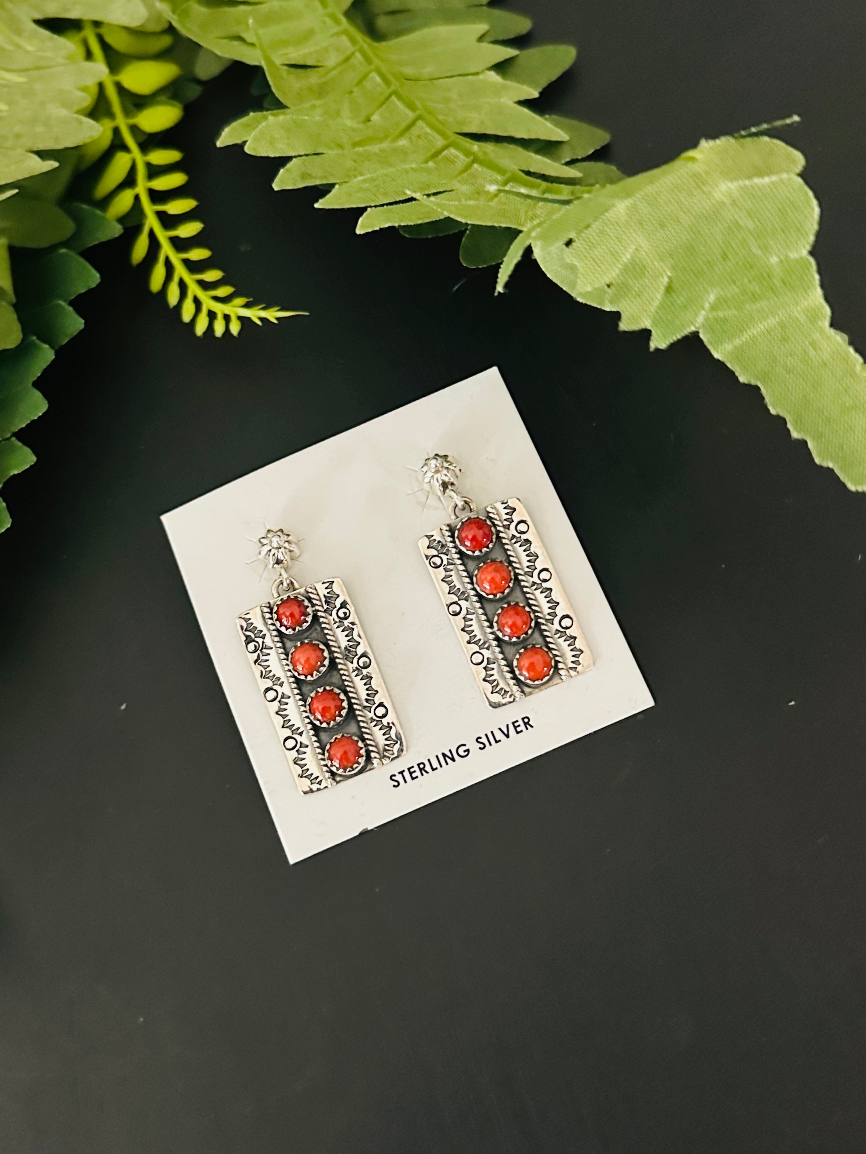 Navajo Made Coral & Sterling Silver Post Dangle  Earrings