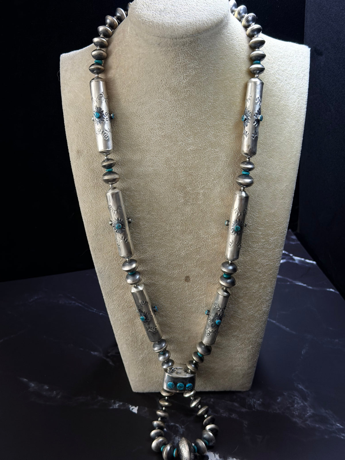 Navajo Made Kingman Turquoise & Sterling Silver Handmade Pearl Necklace Set