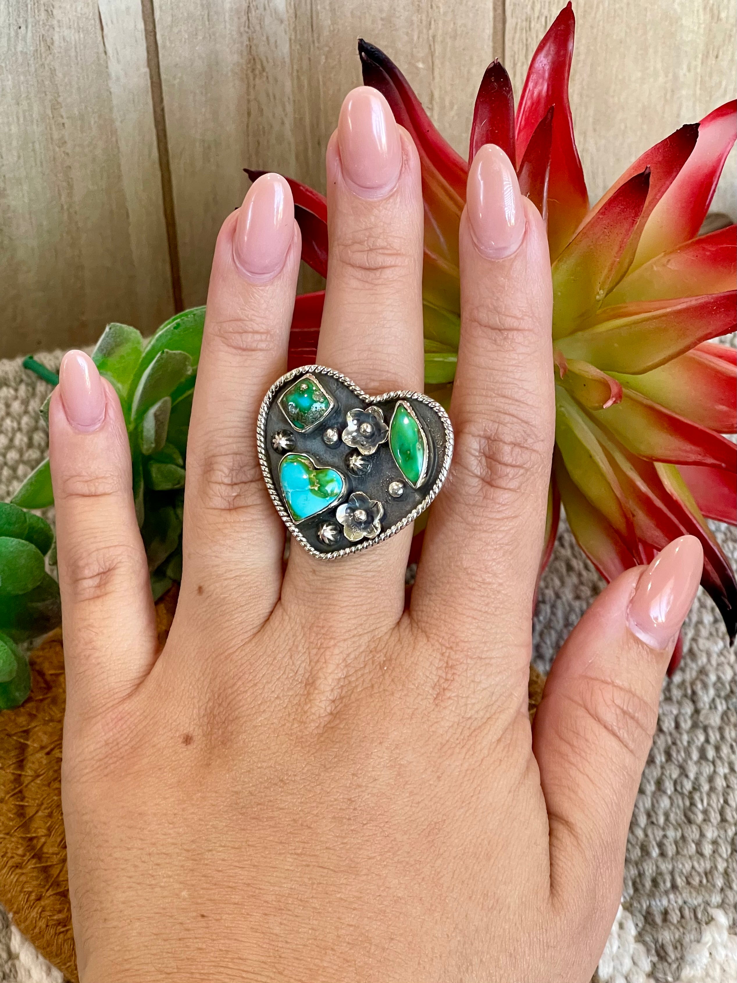 Southwest Handmade Sonoran Mountain Turquoise & Sterling Silver Adjustable Heart Ring