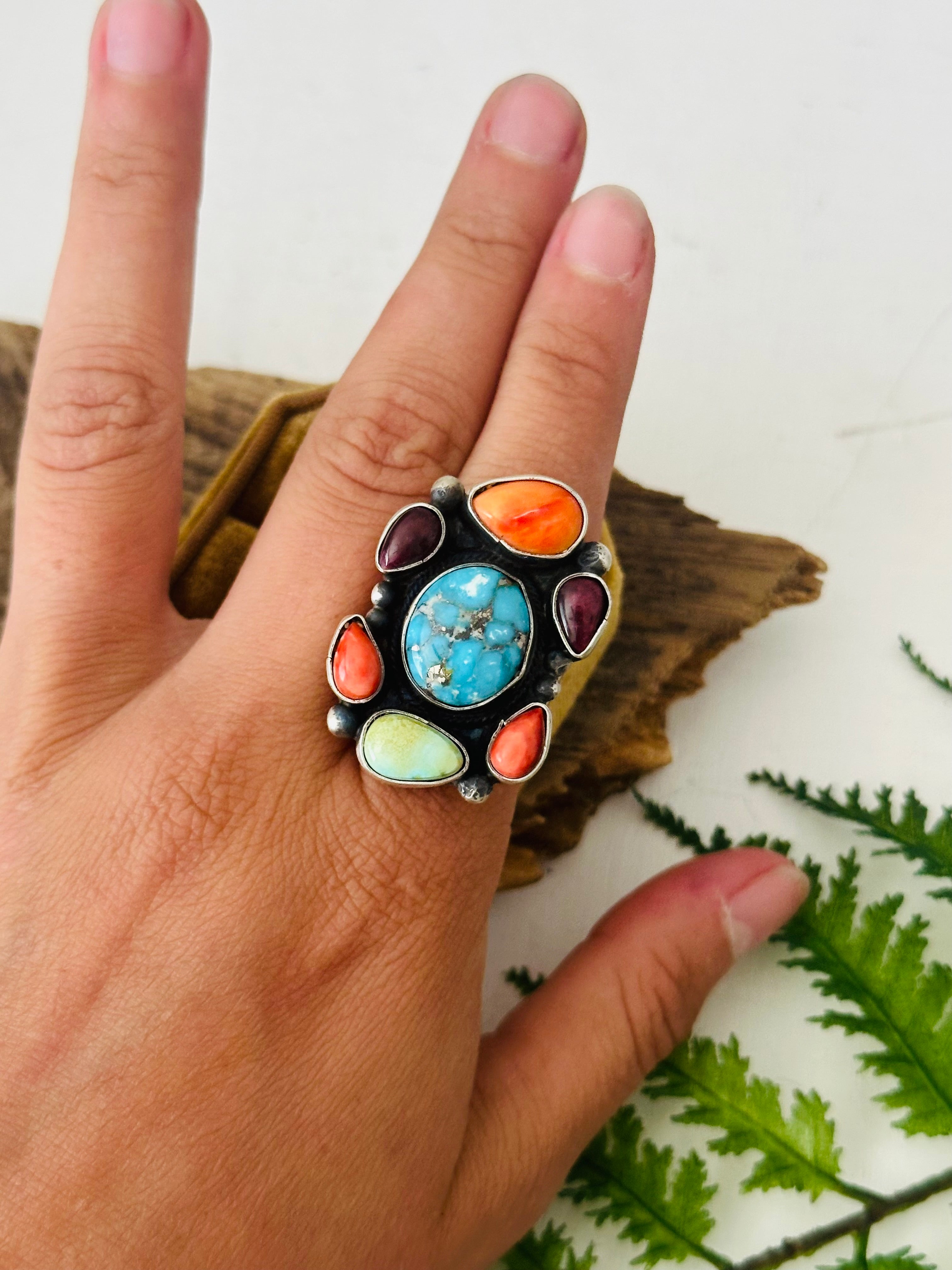 Shelia Becenti Multi Stone & Sterling Silver Adjustable Ring