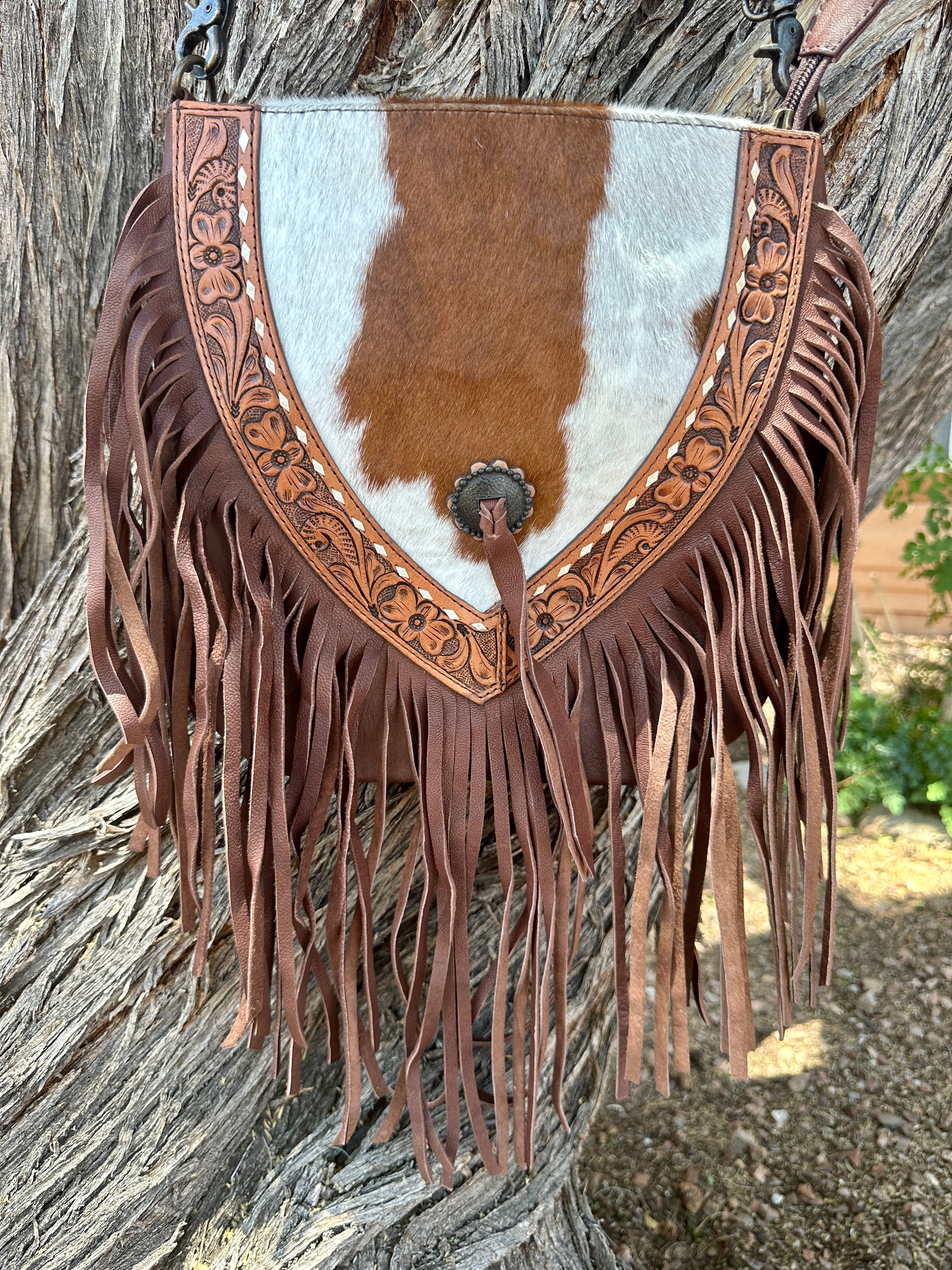 Genuine Tooled Leather & Cowhide Fringe Purse