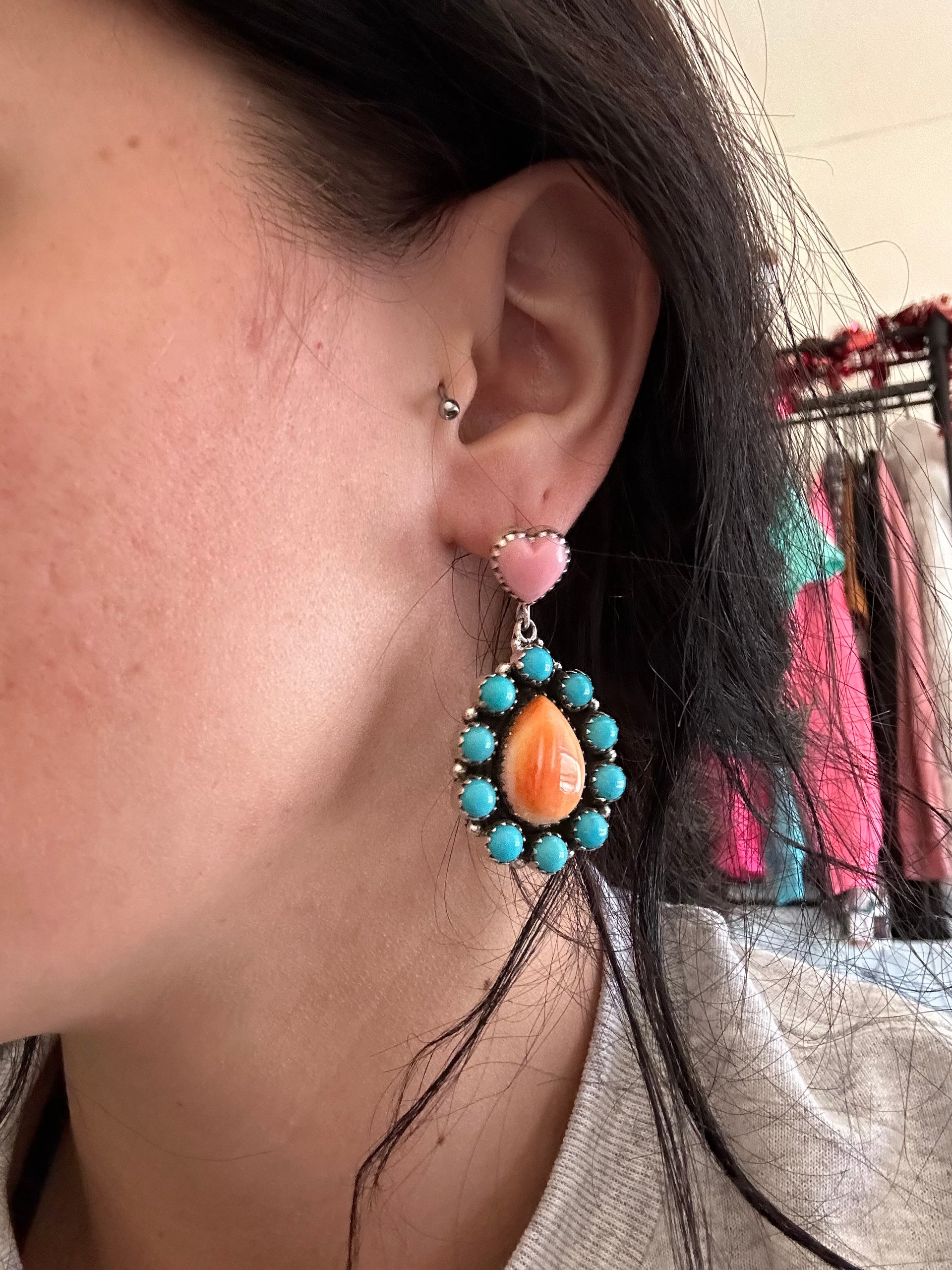 Southwest Handmade Multi Stone & Sterling Silver Post Dangle Earrings