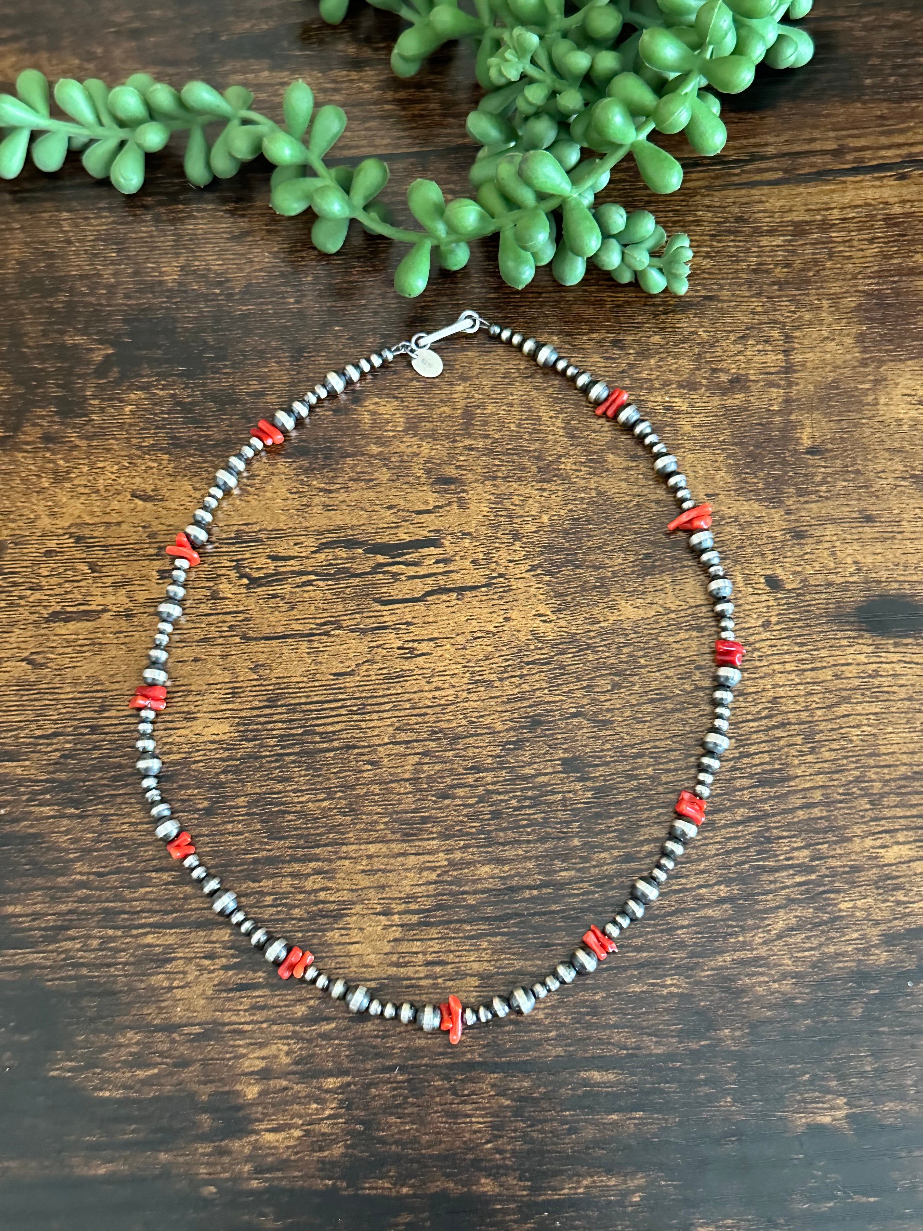 Navajo Strung Red Coral & Sterling Silver Graduated Pearls Beaded Necklace