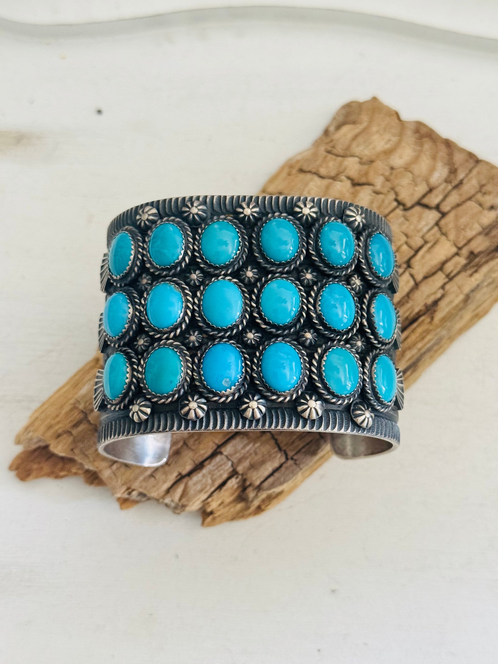 Kevin Billah Kingman Turquoise & Sterling Silver Cluster Cuff Bracelet