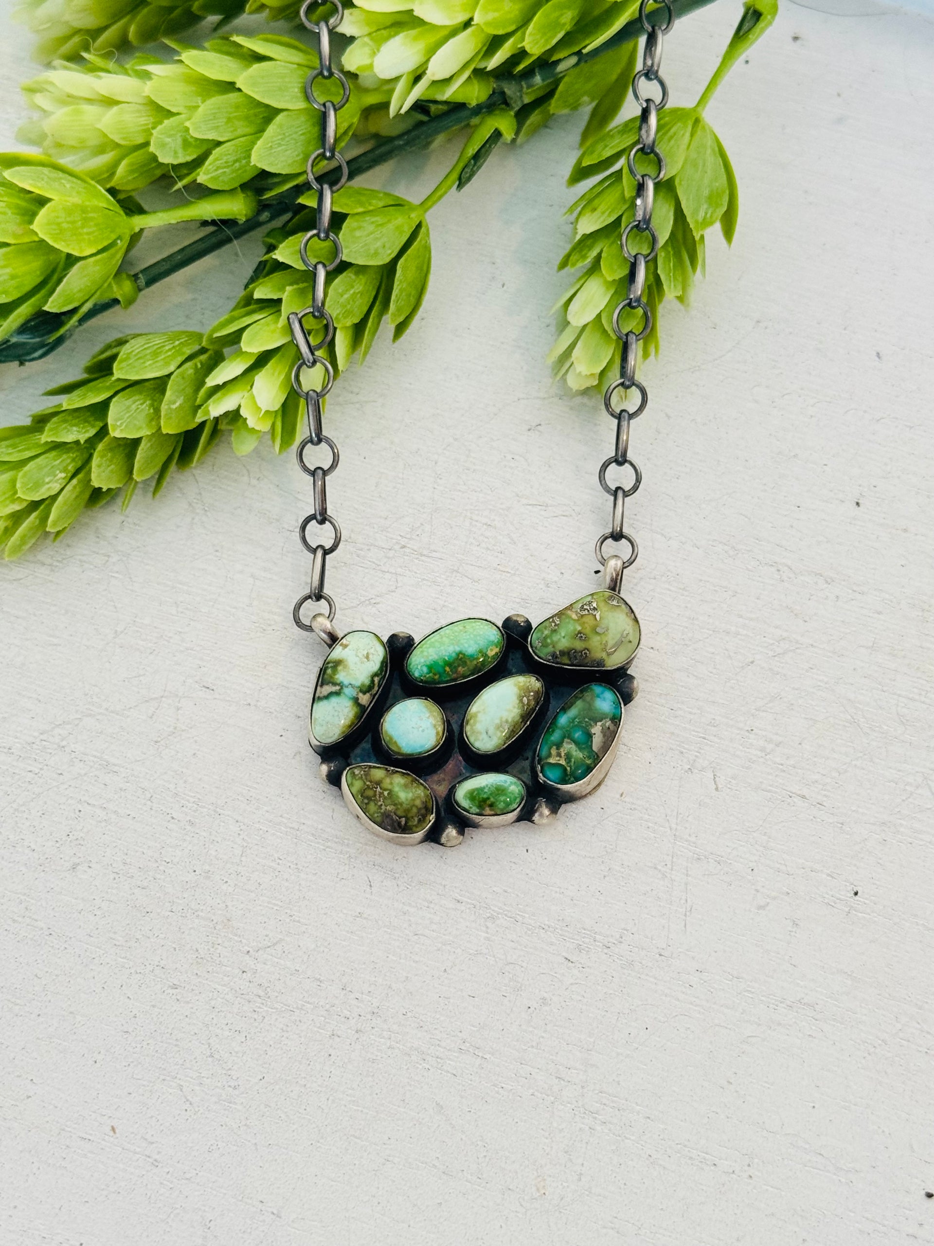Navajo Made Mixed Turquoise & Sterling Silver Cluster Necklace