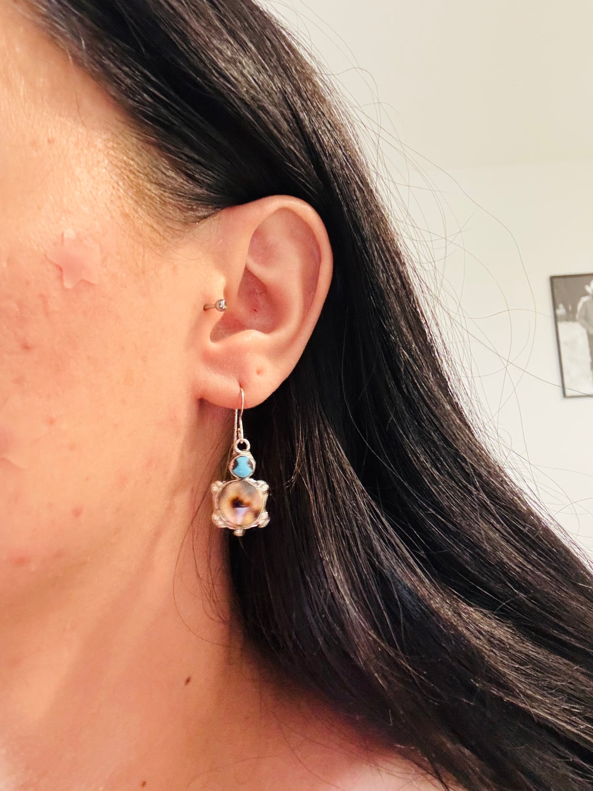 Zuni Made Multi Stone & Sterling Silver Dangle Turtle Earrings