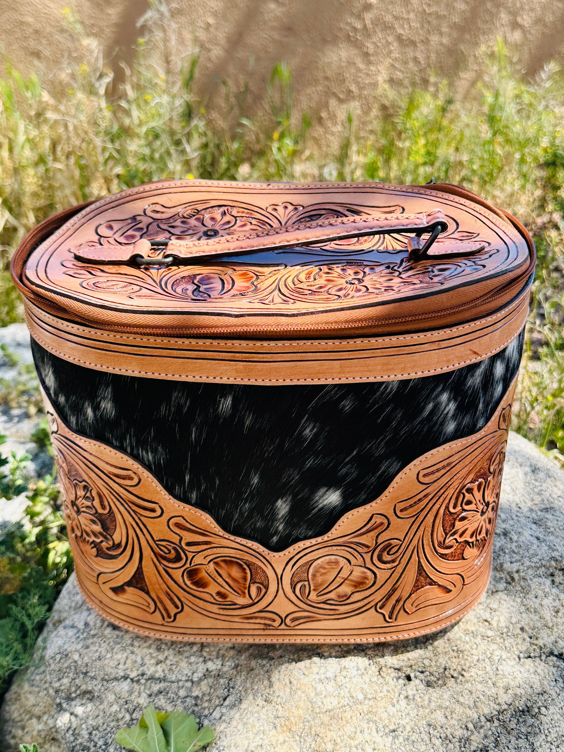 Genuine Cowhide & Tooled Leather Make up Bag
